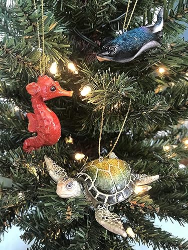 Miniatura 6 de Paquete de 4 adornos navideños  Tortuga marina azul, tortuga marina verde, caballo marino y mantarraya  Adornos náuticos costeros