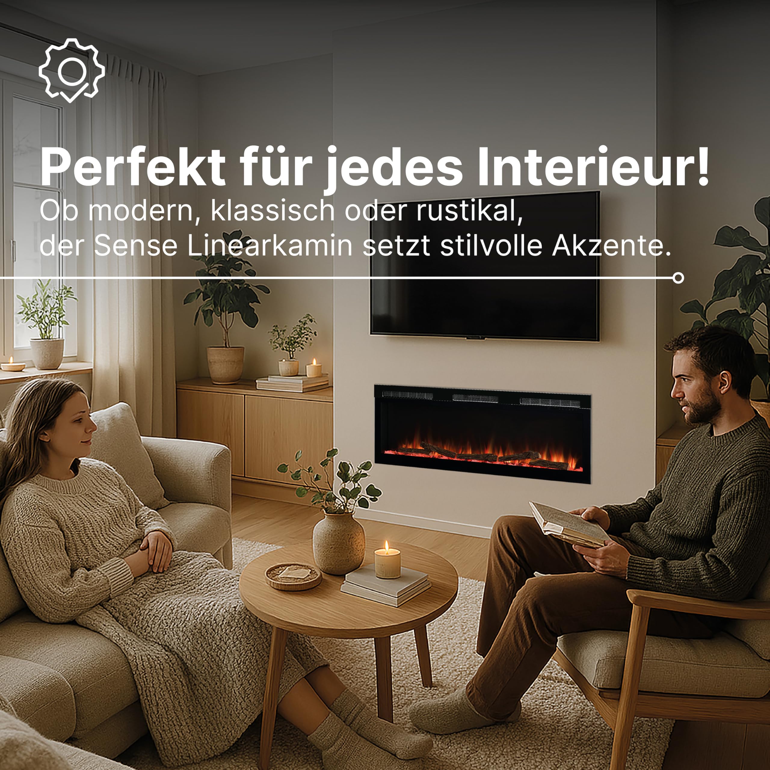 Dimplex Sense 60" Elektrokamin - Wandkamin - Elektrokamin mit Heizung - Kamineinsatz Elektrisch mit LED Optiflame Flameneffekt - Zuschaltbarer 2kW Heizlüfter - Inkl. Fernbedienung und App