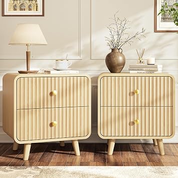 Decofy Fluted Nightstands Set of 2 with 2 Drawers, 19.7 Wide Wood End Table with Curved Profile Design, Mordern Beside Table with Metal Handle for Bedroom, Oak