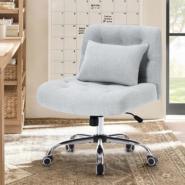 Armless Fabric Office Desk Chair with Wheels, Cross Legged Wide Seat Chair, Modern Home Office Chair with Lumbar Pillow Comfortable Computer Task Chair for Small Space, Vanity Chair for Women, Girls