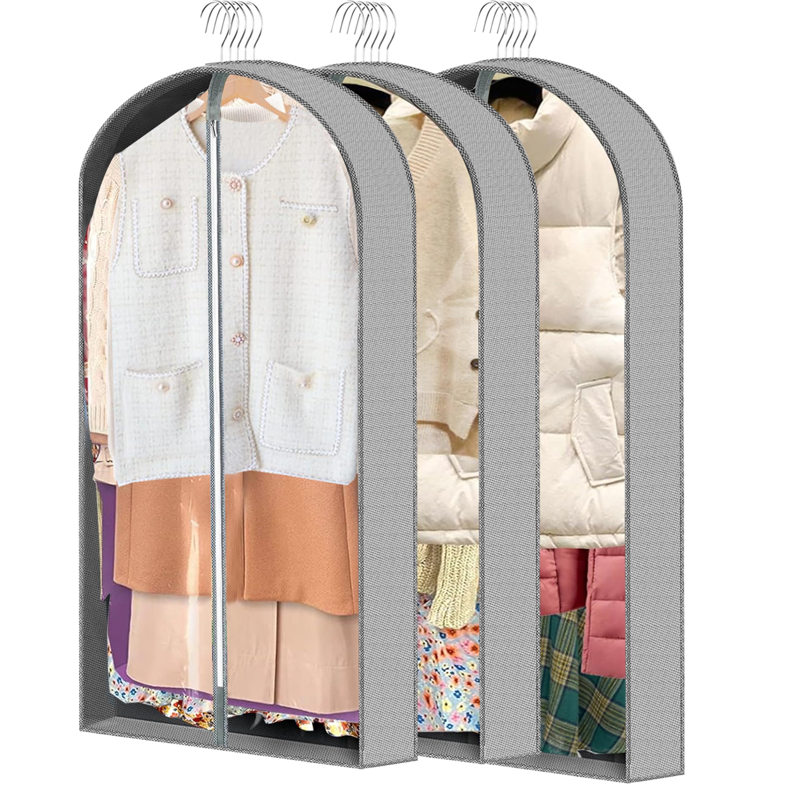 ZYKOYA 3 Pcs Garment Bags, 40" & 50" PEVA Moth-Proof Breathable Dust Cover, Hanging Clothes Covers with Bedroom, Suits, Padded Clothes, Shirts Prevent Dust