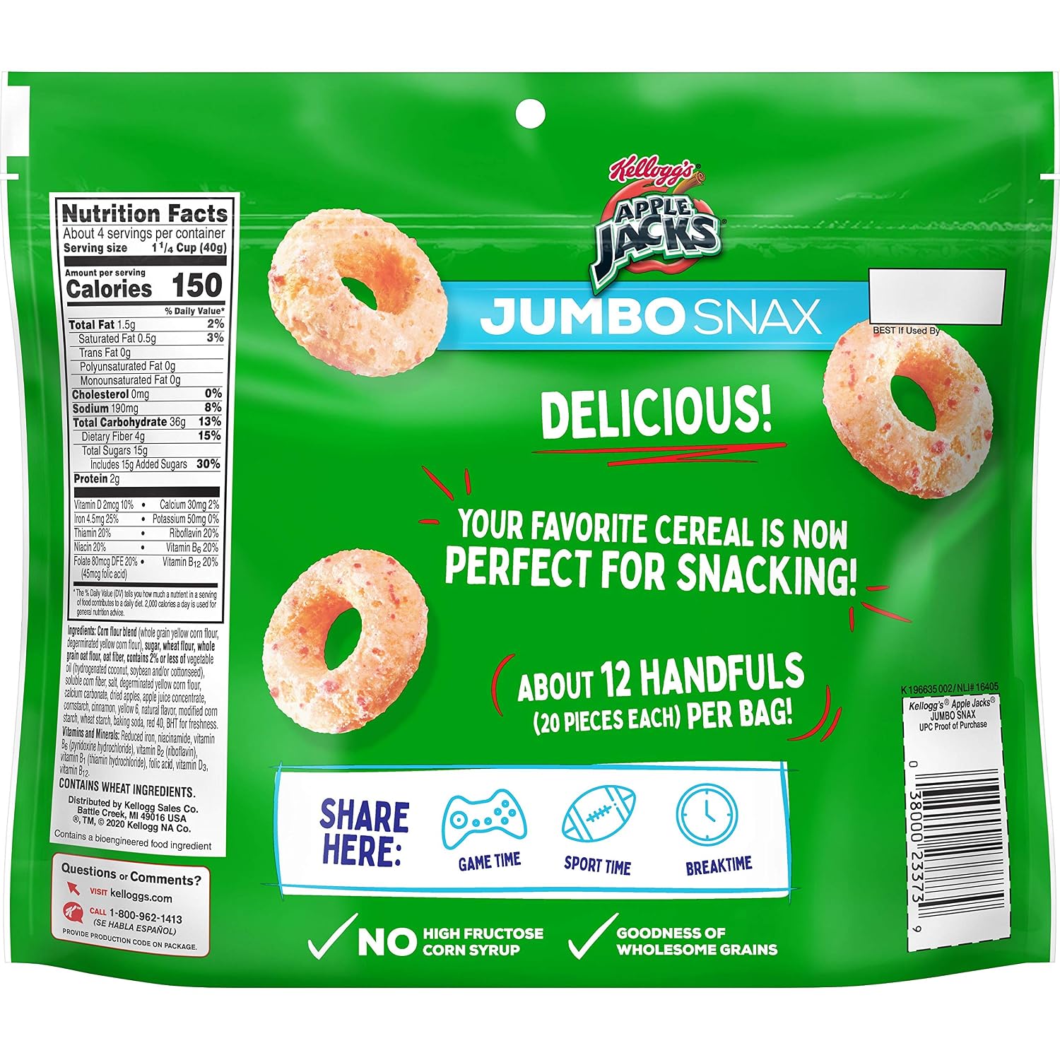 Kellogg's Apple Jacks Jumbo Snax, Cereal Snacks, On the Go, 6oz Resealable Bag(Pack of 4)