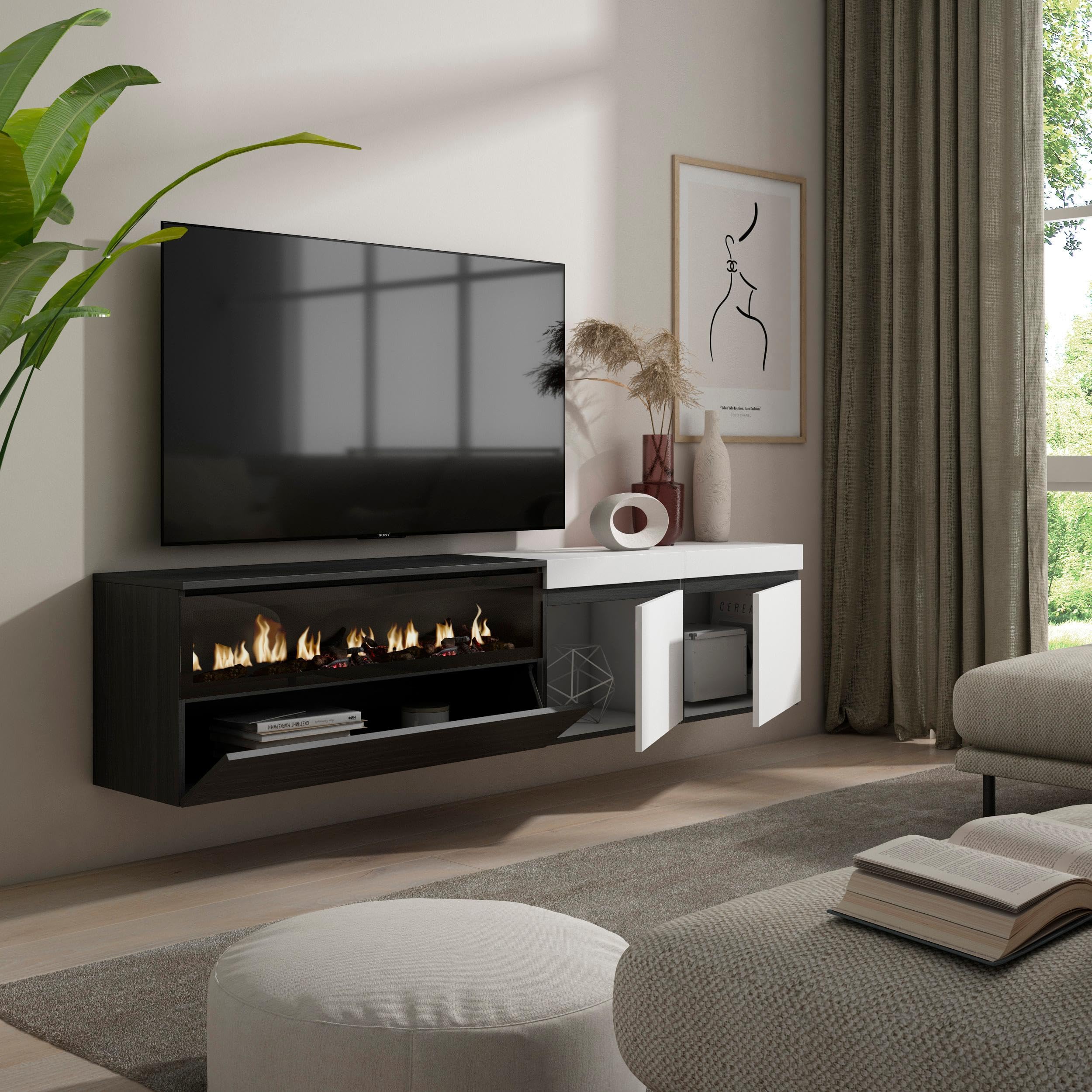 Mobile TV Moderno Con Camino Elettrico LED - 200x45x35 Cm, Cemento E Nero, Per TV Fino A 80 Pollici