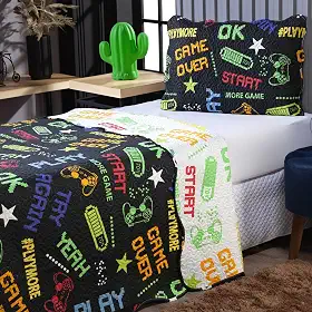 Colcha Dupla Face Estampada Solteiro – Kit Cobre Leito com 2 Peças, Colorido, Confortável e Fácil de Lavar (Solteiro, Game)