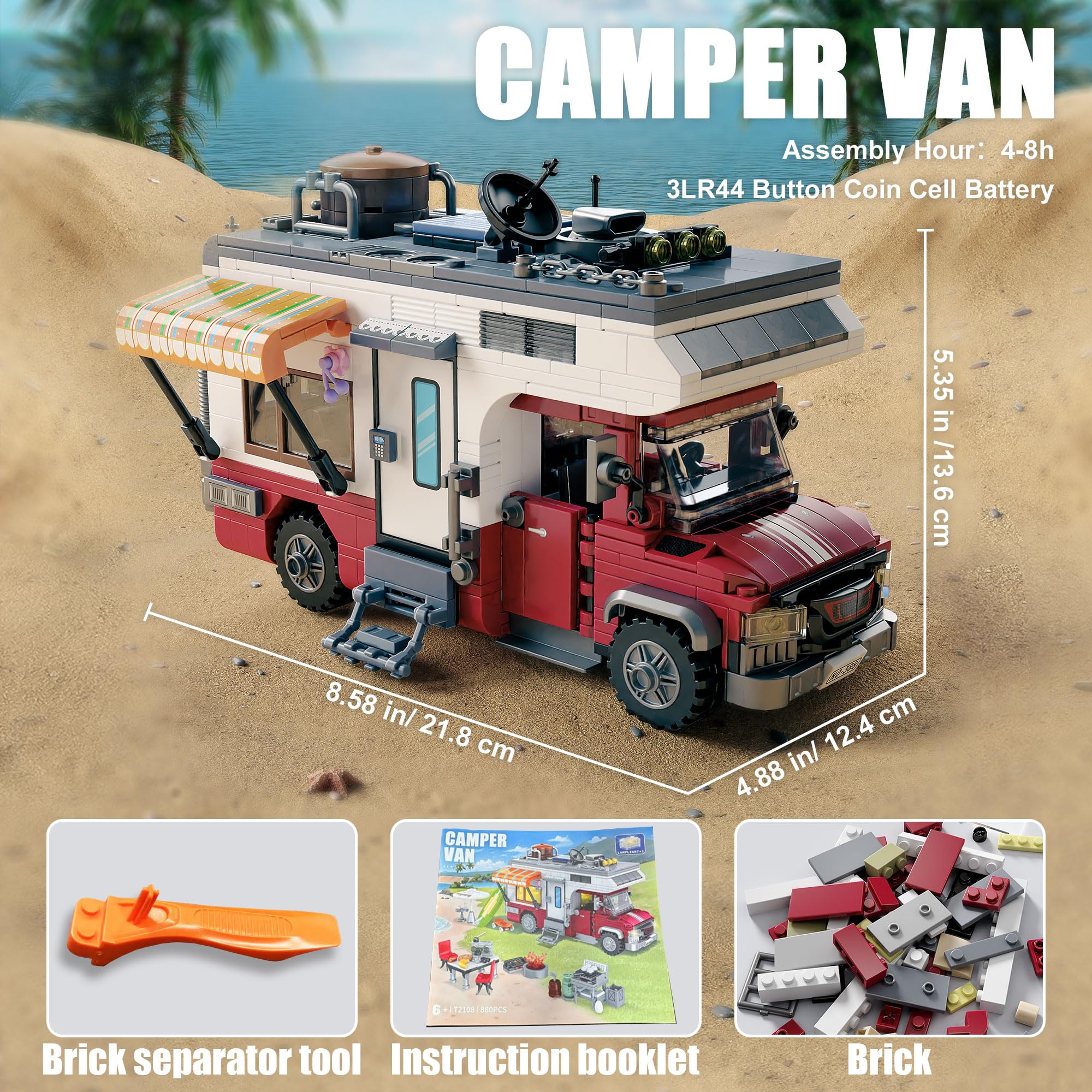 TGL City Camper Van Building Set-Beach Camping Themed Construction Toy Kit with Mini Accessories&Lights, RV Car Model Compatible with Legos,Birthday Gift for Adults and Kids 6+(880 pcs)