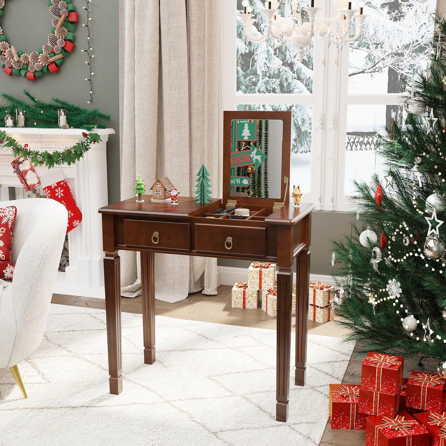 Small Vanity Desk with Stool Set,Makeup Vanity Table with Flip-Top Mirror and Upholstered Vanity Bench Stool, Solid Wood Dressing Tables with 2 Drawer, Dark Cherry Red Desk & Beige Bench SZT-1533-BG