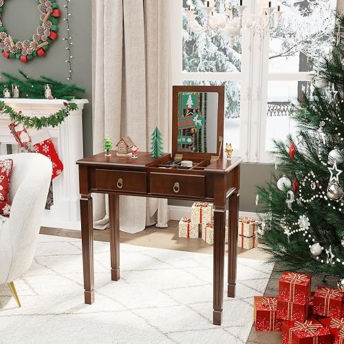 Miniatura 5 de Escritorio pequeño con juego de taburetes, mesa de tocador de maquillaje con espejo abatible y taburete tapizado, tocadores de madera maciza con 2