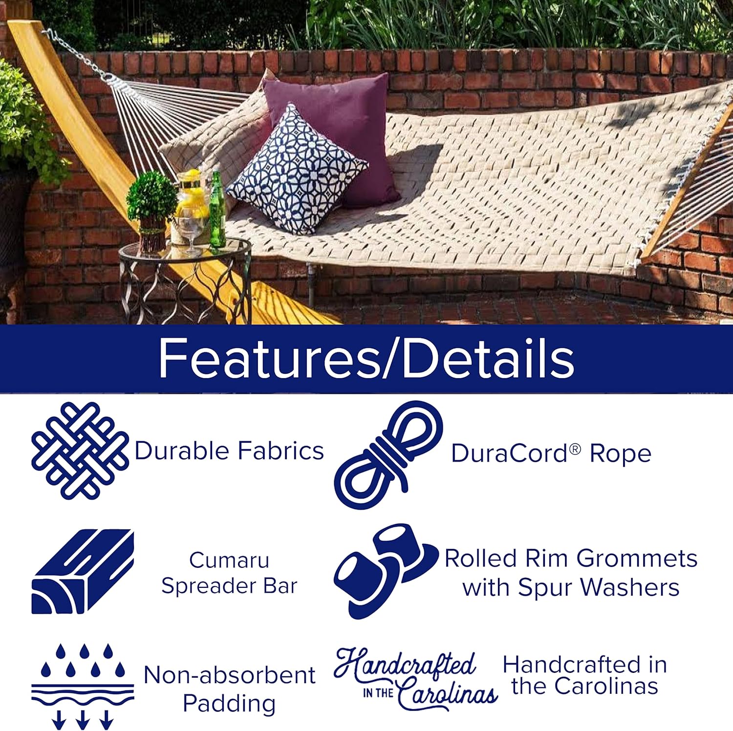 Hatteras Hammocks Antique Beige Soft Weave Hammock with Free Extension Chains & Tree Hooks, Handcrafted in The USA, Accommodates 2 People, 450 LB Weight Capacity, 13 ft. x 55 in.