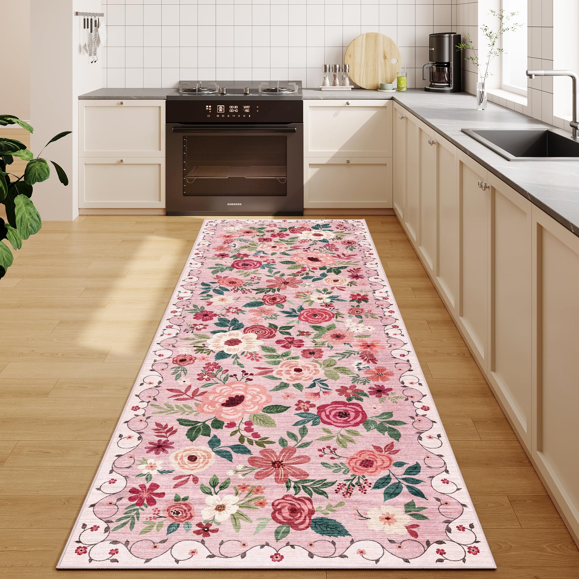 Tapis de couloir lavable et antidérapant doux floral DUKINO