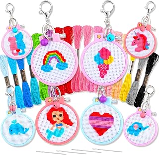 WILLBOND 8 Pack Cross Stitch Beginner Kit for Kids, Needlepoint Kits for Starter, Sewing Set for Backpack Charms, Ornaments and Needle Craft