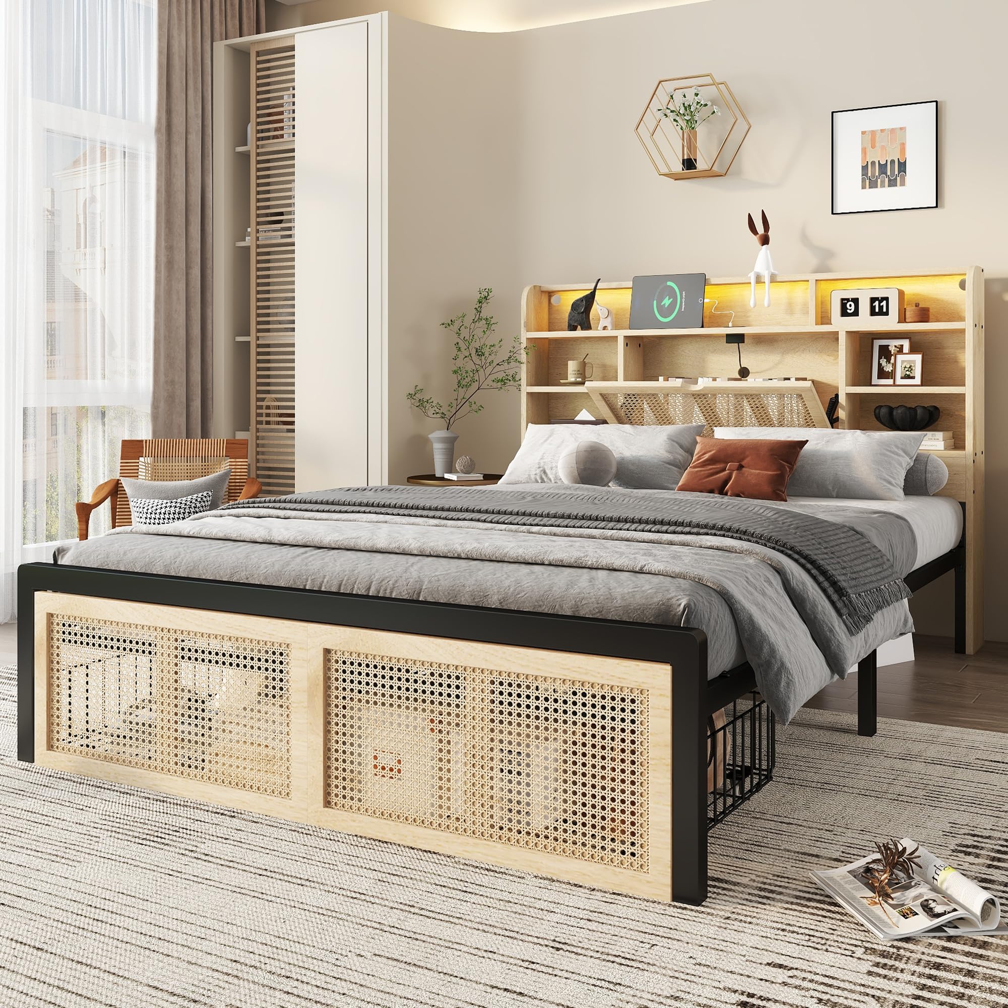 Merax Double bed frame, 4ft6 Double Bed with Storage Drawer, Storage Headboard with LED light strip, Charging Port, PE Rattan-Style, for adults&teenagers(No Mattress), Wood colour/135 * 190CM โ image 1