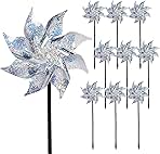 Hausse 10 Pack Reflective Pinwheels with Stakes (Assembly Required), Extra Sparkly Pin Wheel for Garden Decor, Bird Repellent Devices Deterrent to Scare Birds Away from Yard Patio Farm