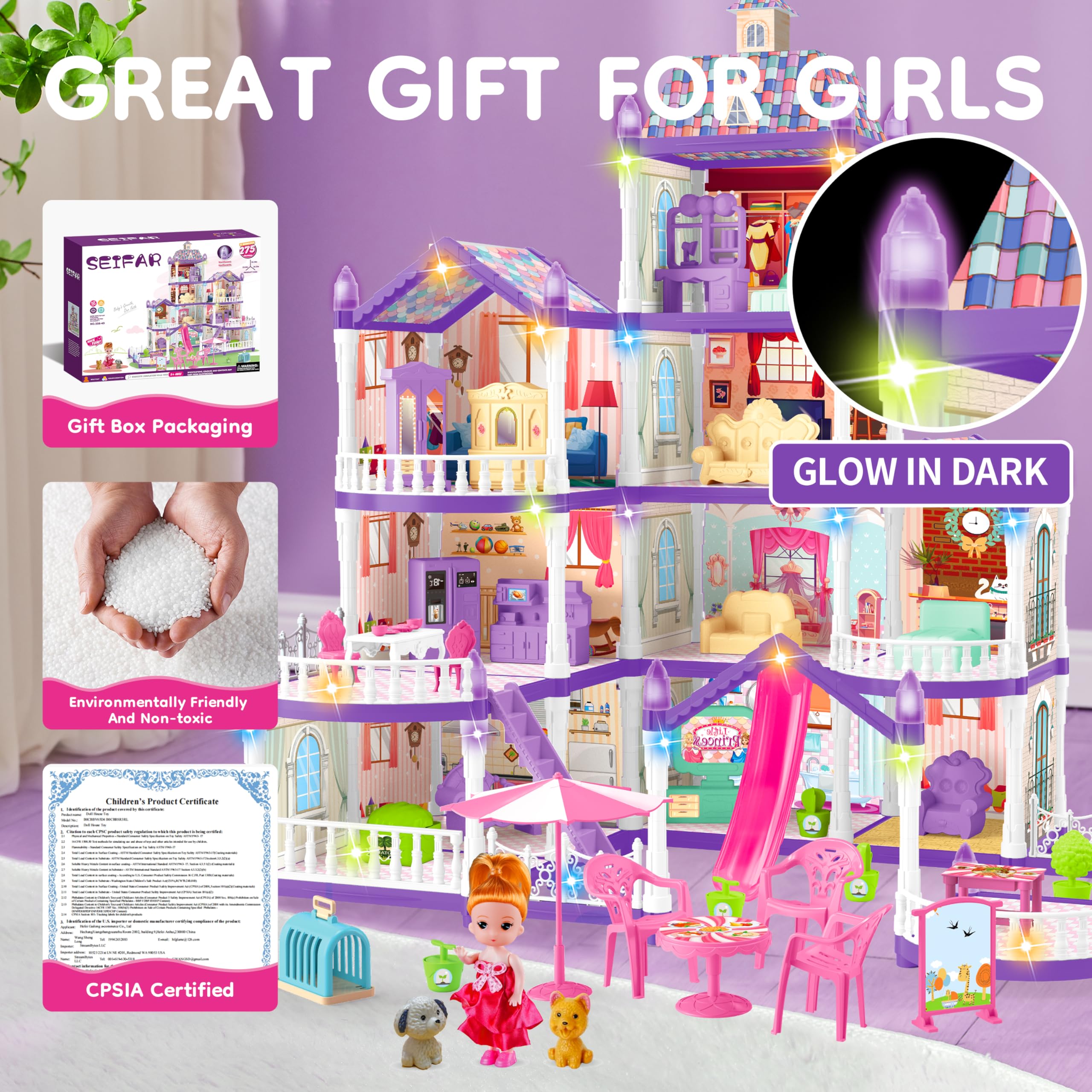 Doll House for Girls,10 Rooms Purple House Toy with Dolls Figure, Puppies,Furnitures, Accessories, Kids Playhouse Gift for for 3 4 5 6 7 8 9 10 Year Old