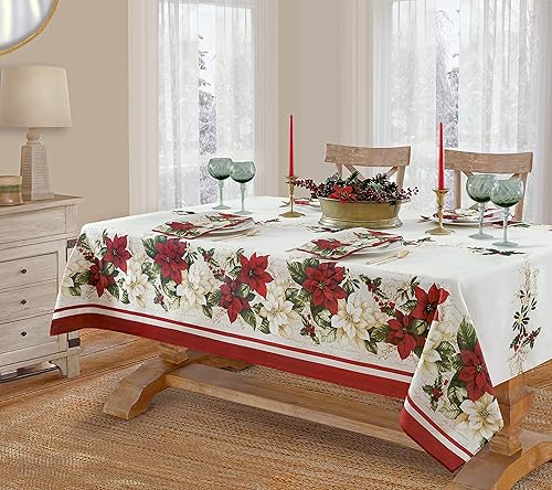 Miniatura 6 de Newbridge Presley Camino de mesa de Navidad con doble borde, diseño de flor de pascua roja y blanca, fácil de cuidar, camino de mesa de liberación