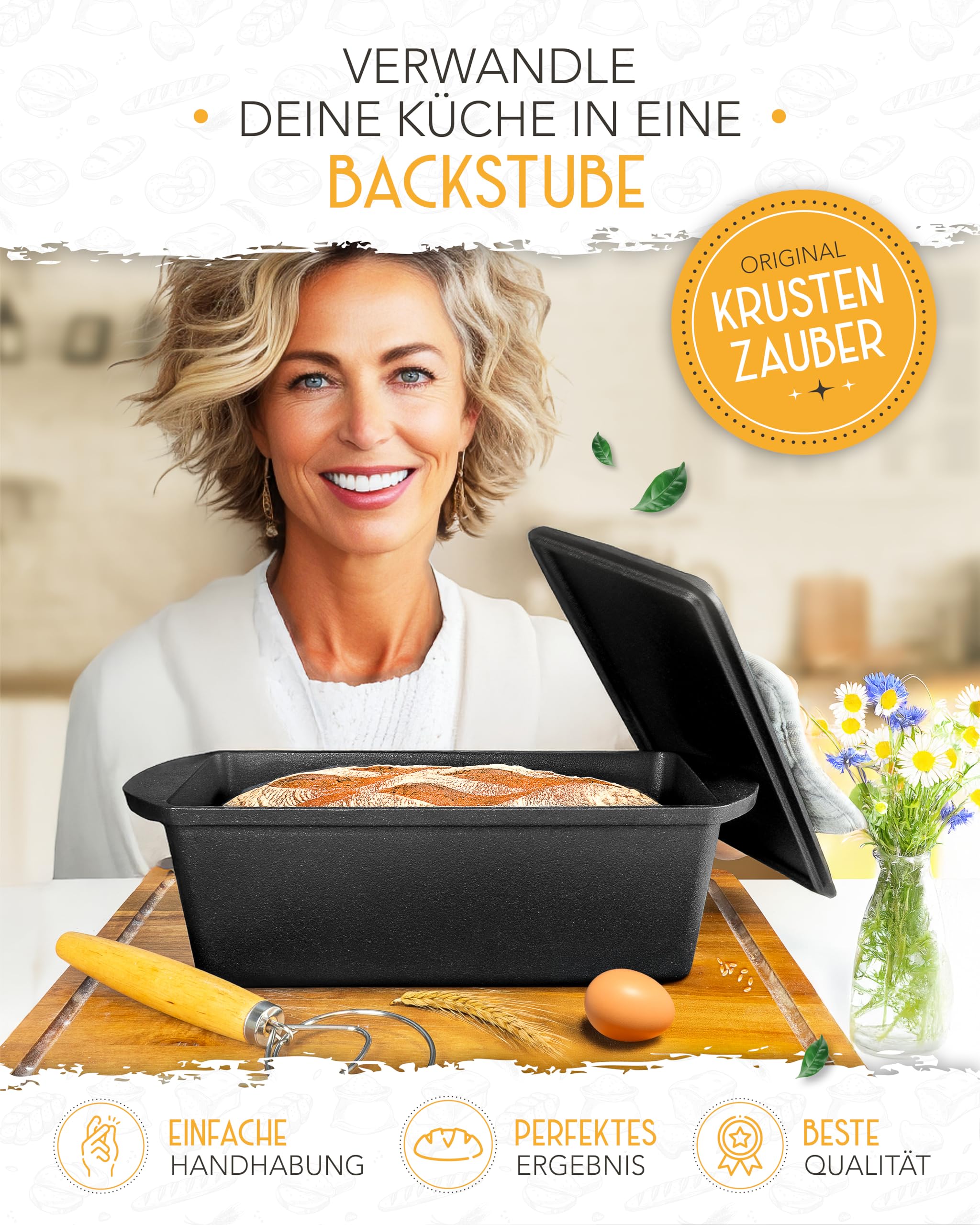 KRUSTENZAUBER Gusseisen Brotbackform mit Deckel - Robuste rechteckige 28cm Backform - Ideal als Kastenform, Toastbrot-Backform, Brotform, Gusseisen-Topf Brot backen Zubehör, Brottopf, cast iron