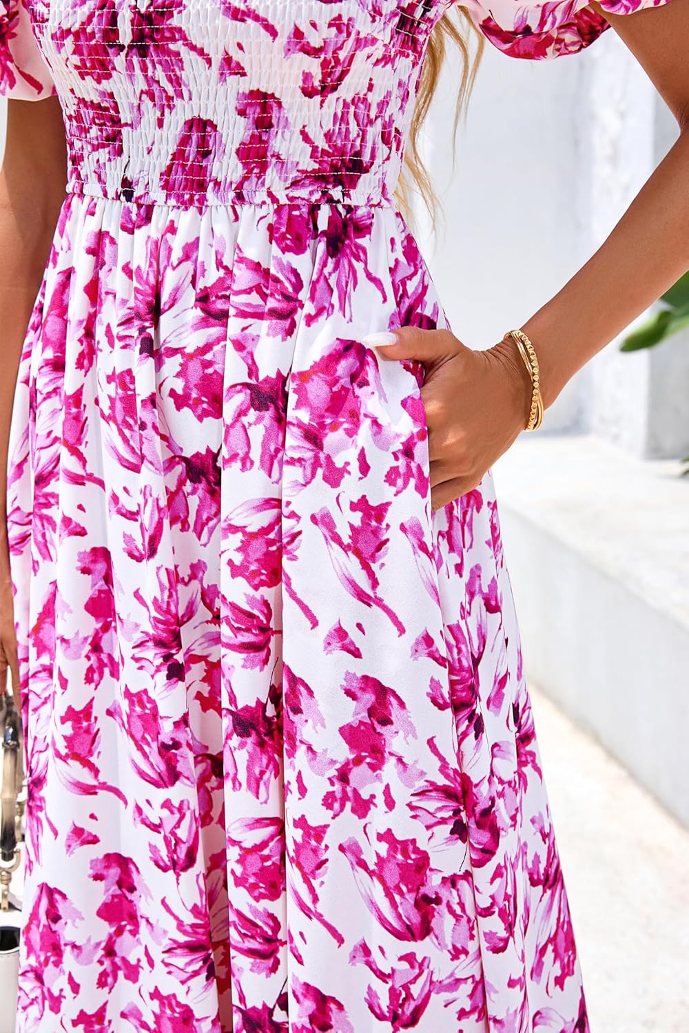 BTFBM Womens Spring 2026 Casual Maxi Dresses Short Sleeve Smocked Tiered Floral Boho Long Beach Dress with Pockets - Image 6