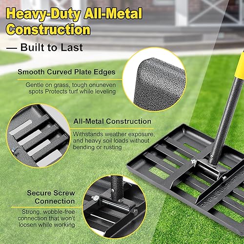 Miniatura 6 de Rastrillo de nivelación de césped, rastrillo de nivelación de césped grande de 30 x 10 pulgadas con mango ajustable de 5 pies para nivelación de