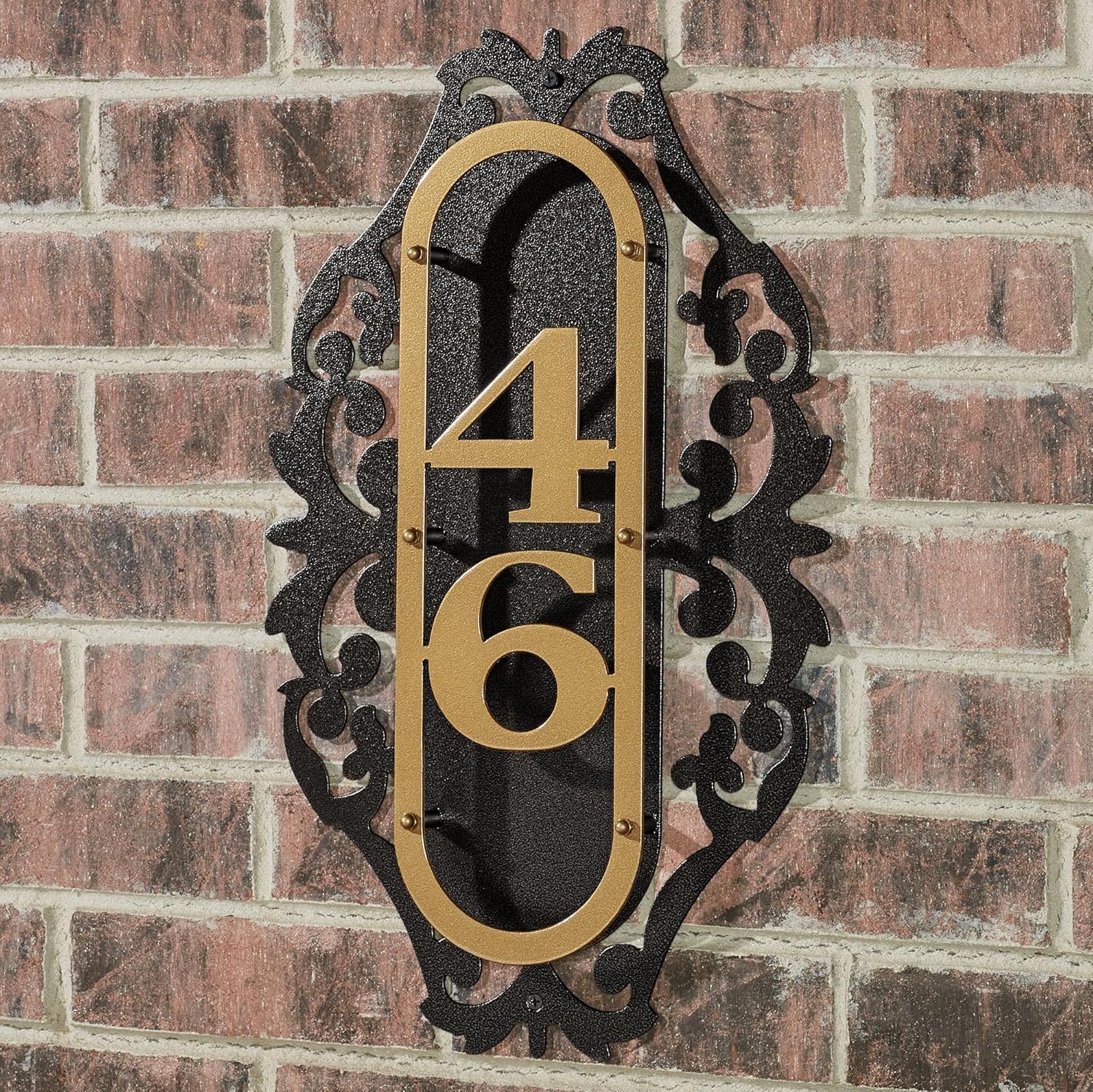 LaRoyal House Number Wall Plaque with Scrollwork | Custom Address Wall Art Sign for Outdoor Use | Vertical 1, 2, or 3 House Numbers Personalized Design | Gold and Black Durable Finish