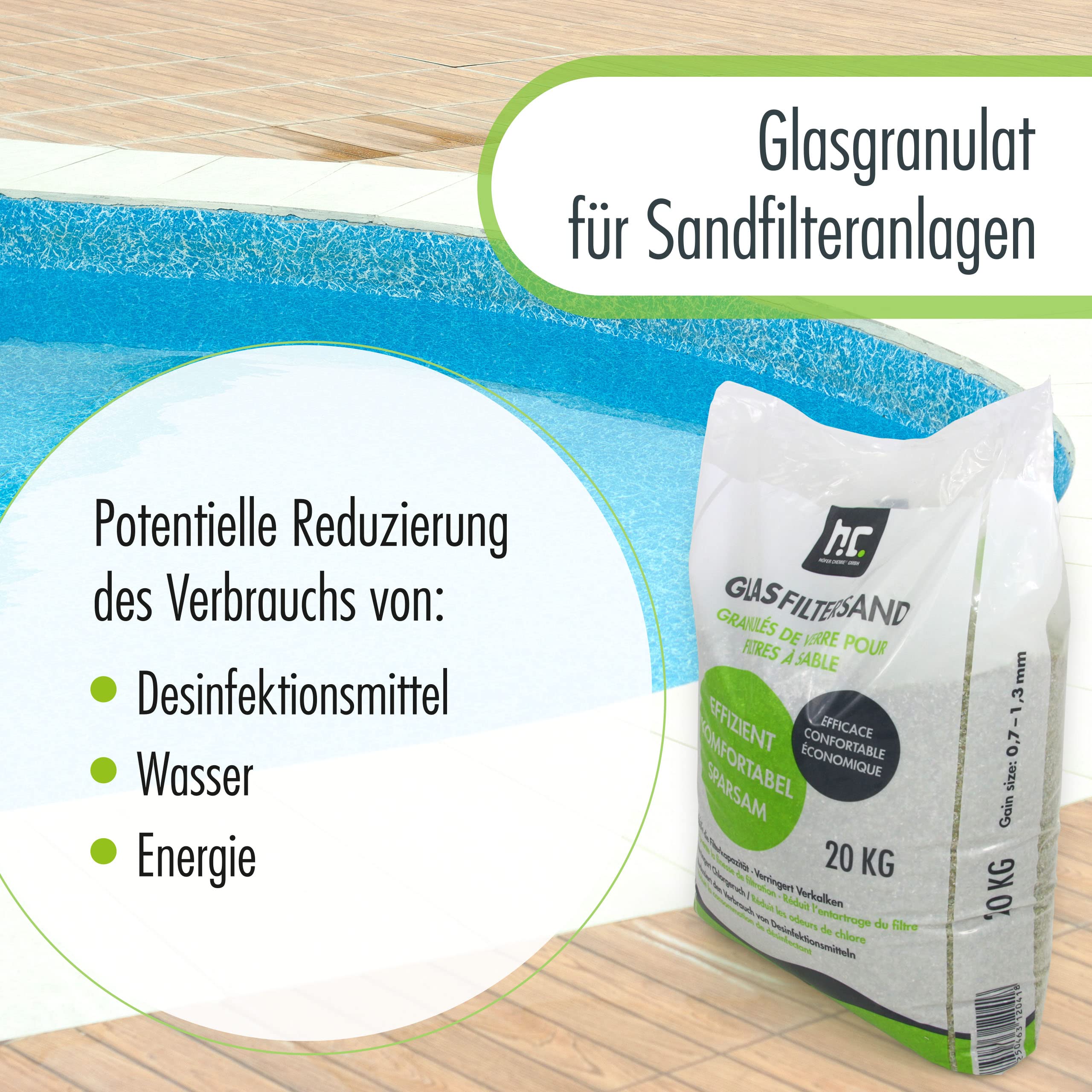 Höfer Chemie 20 kg Glasgranulat für Sandfilteranlagen 0,7-1,3 mm Körnung für Pool und Schwimmbad