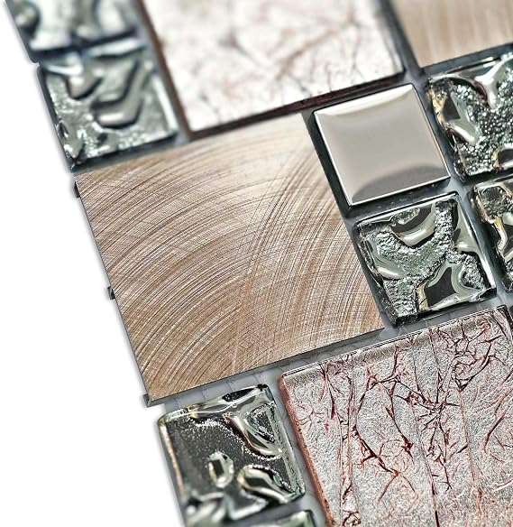 Hominter Brown, Gray & Rose Copper Mosaic Sheet 12x12 Mesh Mounted - Luxury Glass Mix Metal Backsplash Tile for Kitchen Backsplash, Bathroom and Accent Wall Decor (6 Square Feet)