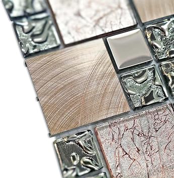 Hominter Brown, Gray & Rose Copper Mosaic Sheet 12x12 Mesh Mounted - Luxury Glass Mix Metal Backsplash Tile for Kitchen Backsplash, Bathroom and Accent Wall Decor (6 Square Feet)