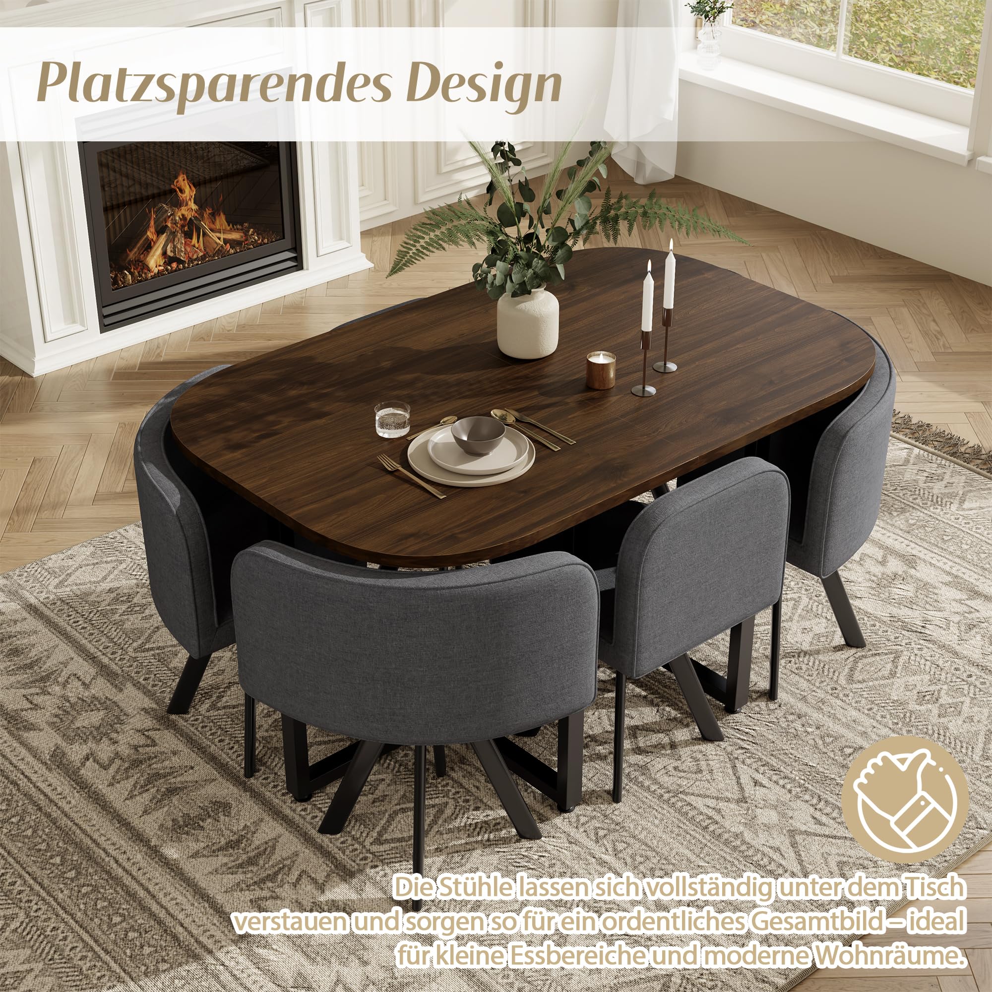 Essgruppe mit 6 Stühlen aus Leinen, Esstisch Set mit Tischplatte(140 x 90cm) aus Walnussholz, Dining Table Set mit rutschfeste Fußpolster, für Küchen und Esszimmer, Grau