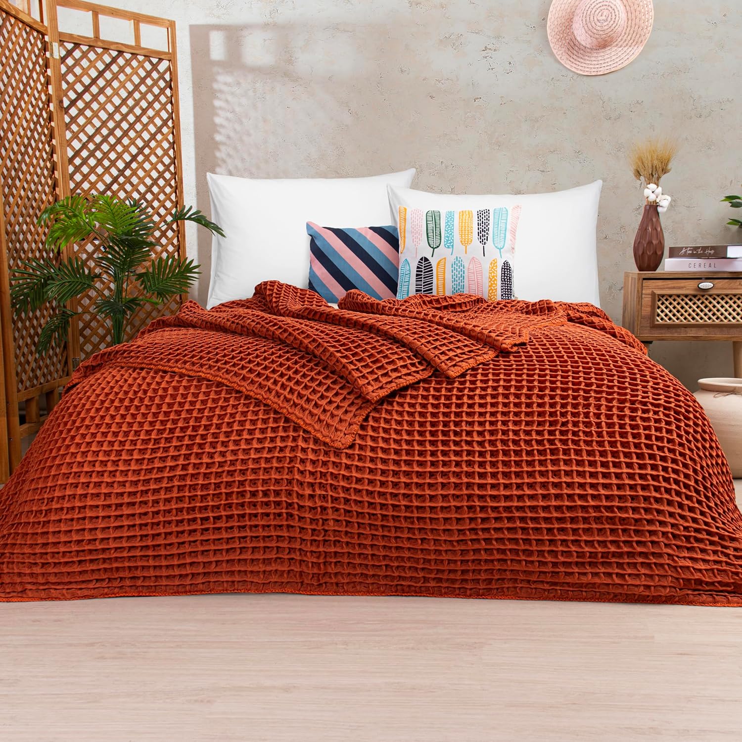Cotton Waffle Weave Red Twin Blanket Ultra Soft - Luxurious, All-Season, Breathable, Decorative Twin Blanket for Bed & Couch, 60''x 94'' inch (Red, Twin)