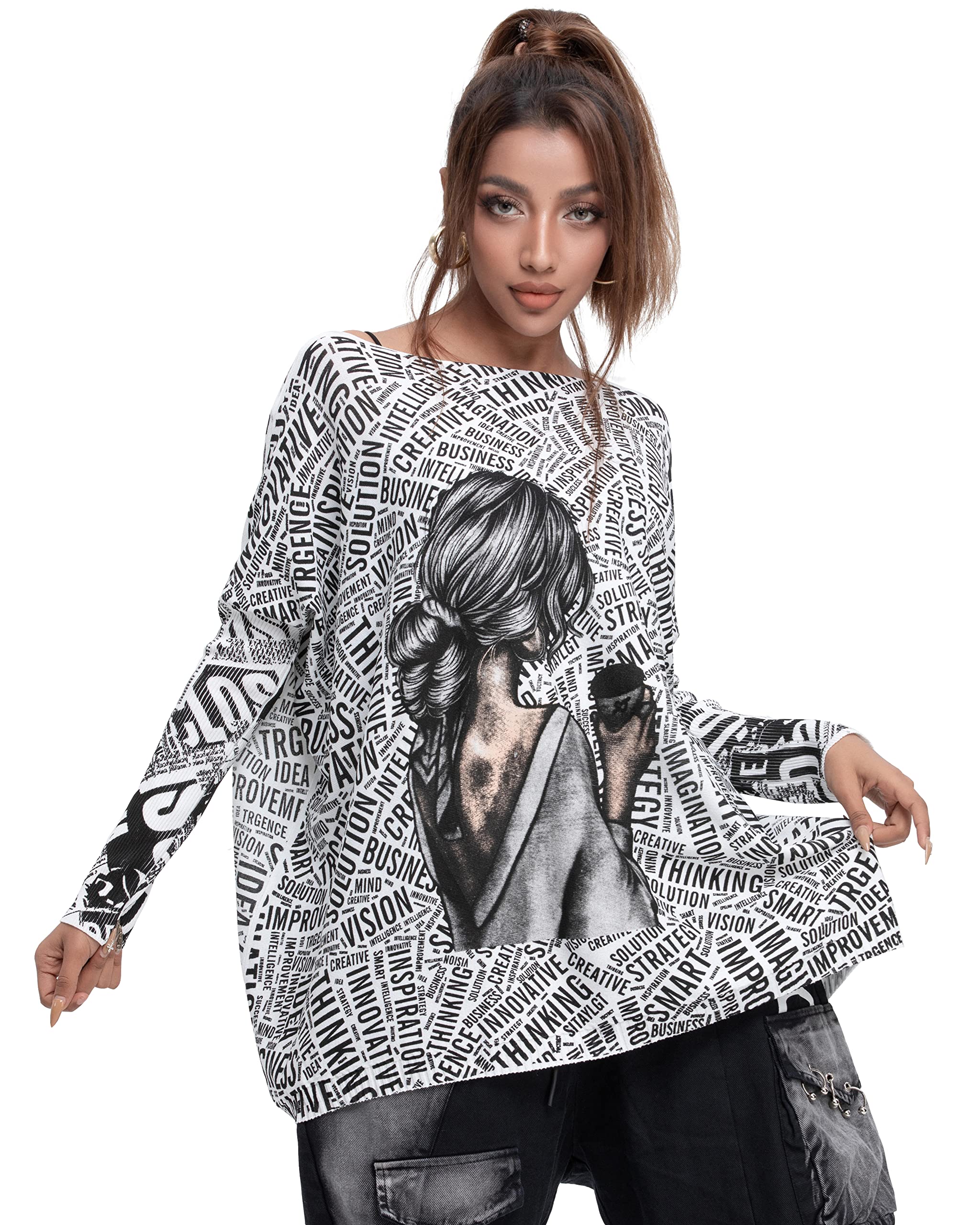 Sponsored Ad - Women's Off-Shoulder Long-Sleeved Cute Newspaper Printed Pullover Oversized Sweater Shirt GY2754