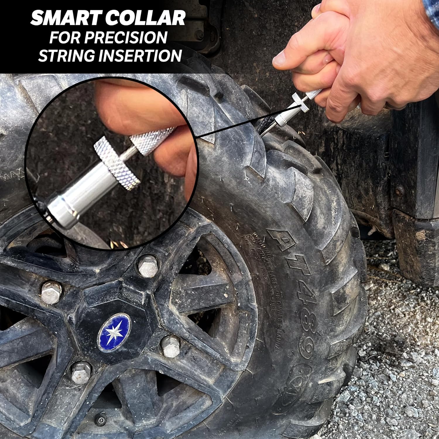 Hand inserting a tire plug into the plugger tool