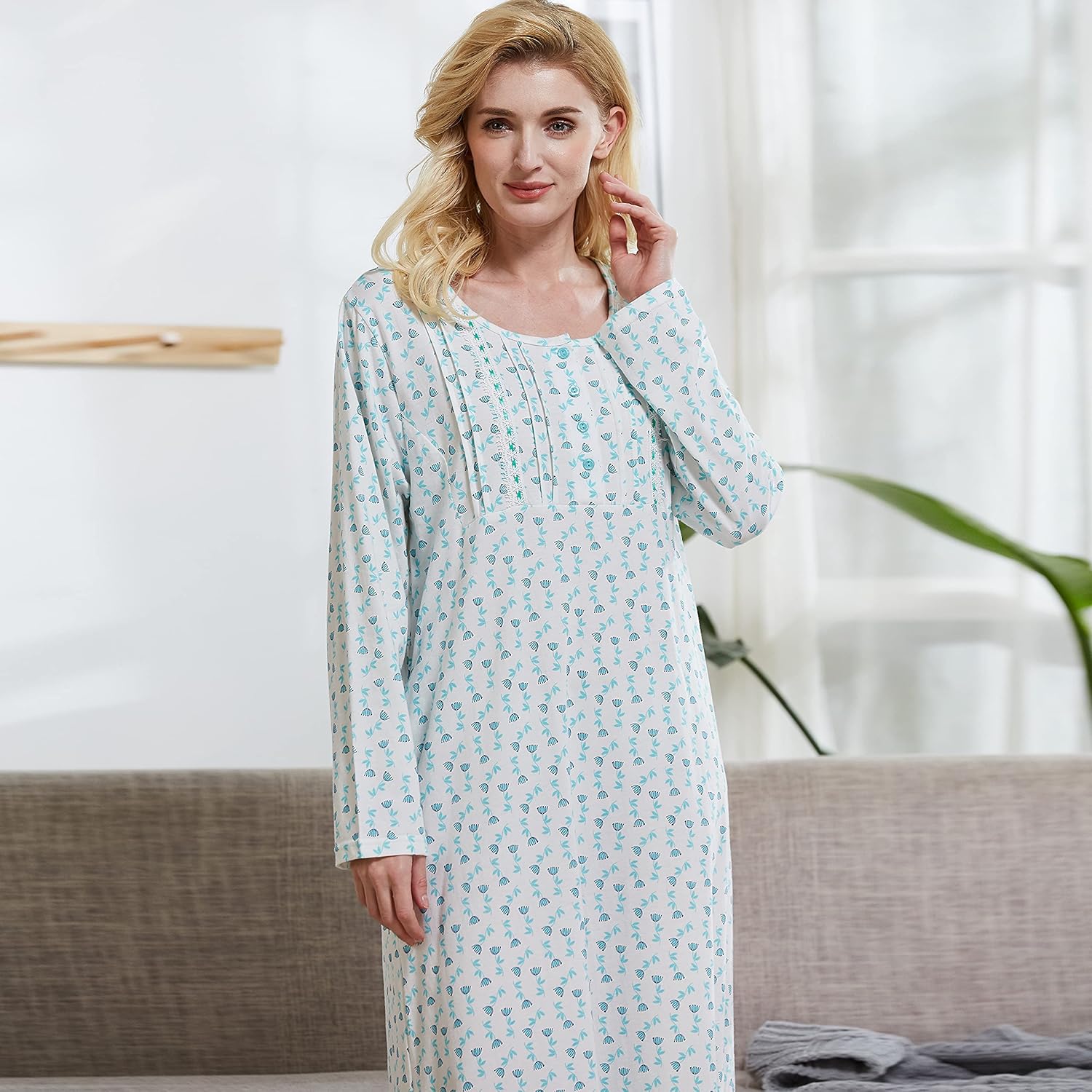 Keyocean Nightgowns for Women with Pockets Soft Cotton Comfy Lightweight Long Sleeves Ladies Nightdress - Image 5