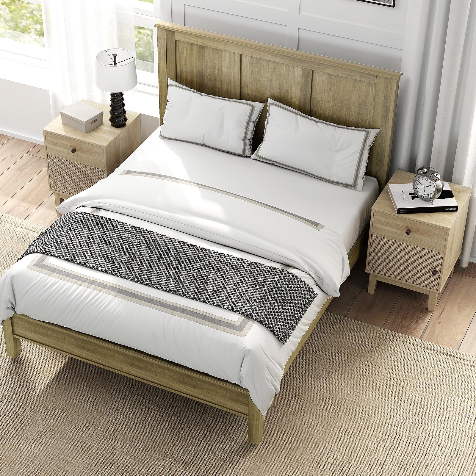 GIANTEX Table de Chevet Bohème, 1 Tiroir et 1 Porte Cannage, Table de Nuit en Rotin, Pied Antidérapant, Kit Anti-Basculement, 40 x 39 x 55 cm, Chevet de Lit Bois pour Chambre, Salon(Naturel)