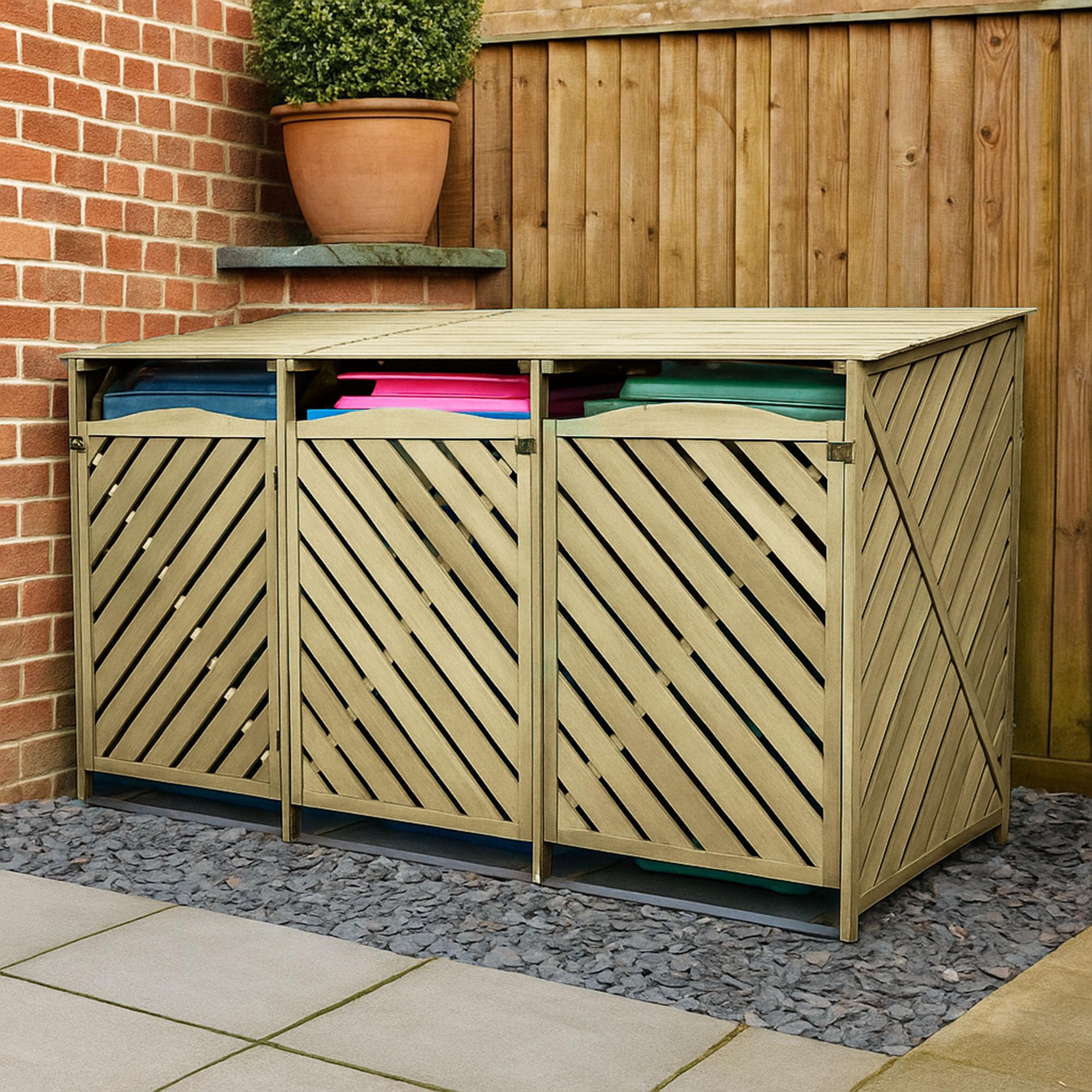 Jack Stonehouse Triple Wooden Bin Store | Large Outdoor Garden Wheelie Bin Storage for 3 Bins | Lift Lid | 218cm x 122cm (Natural)