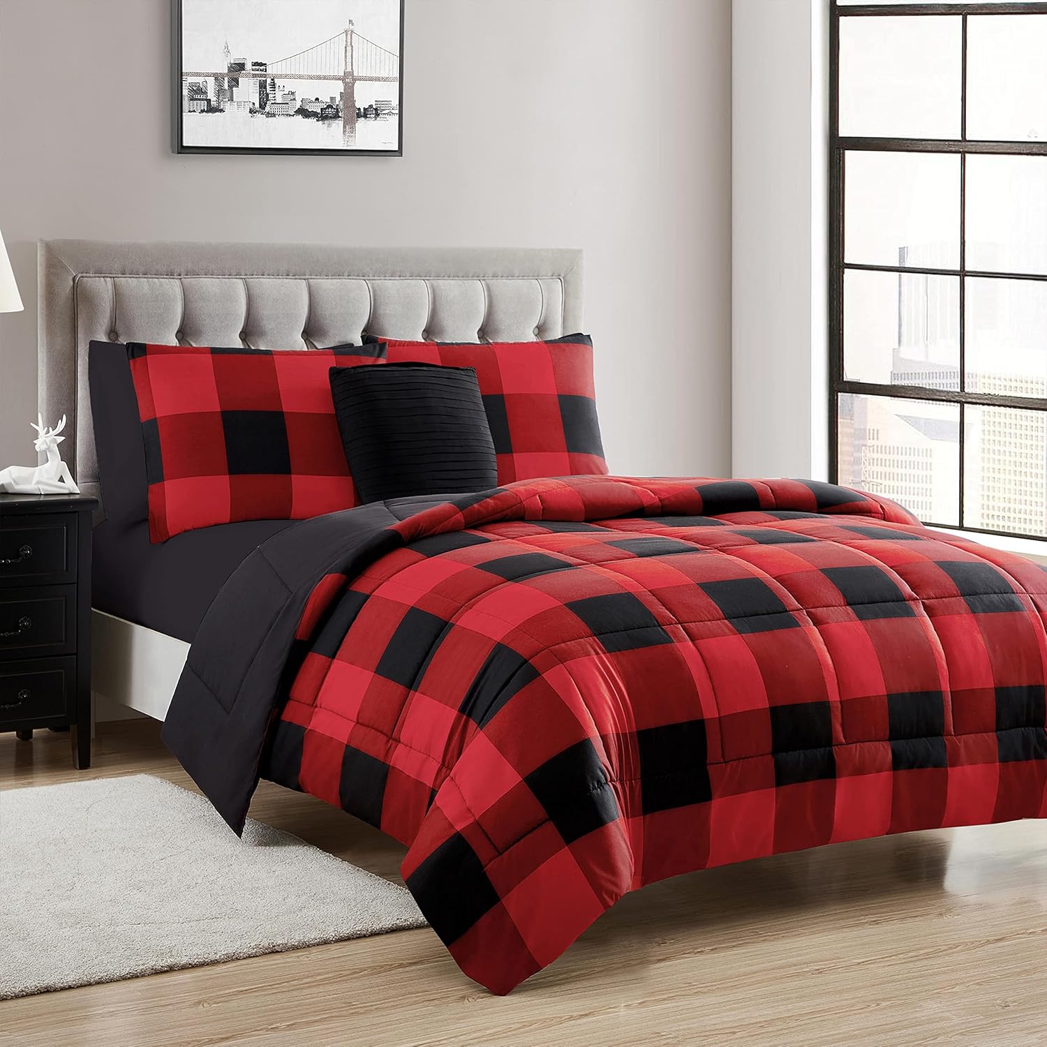 7 Piece Comforter Set Bag Solid Color All Season Soft Down Alternative Blanket & Luxurious Microfiber Bed Sheets, Full, Buffalo Plaid Burgundy/Black/Black Sheet