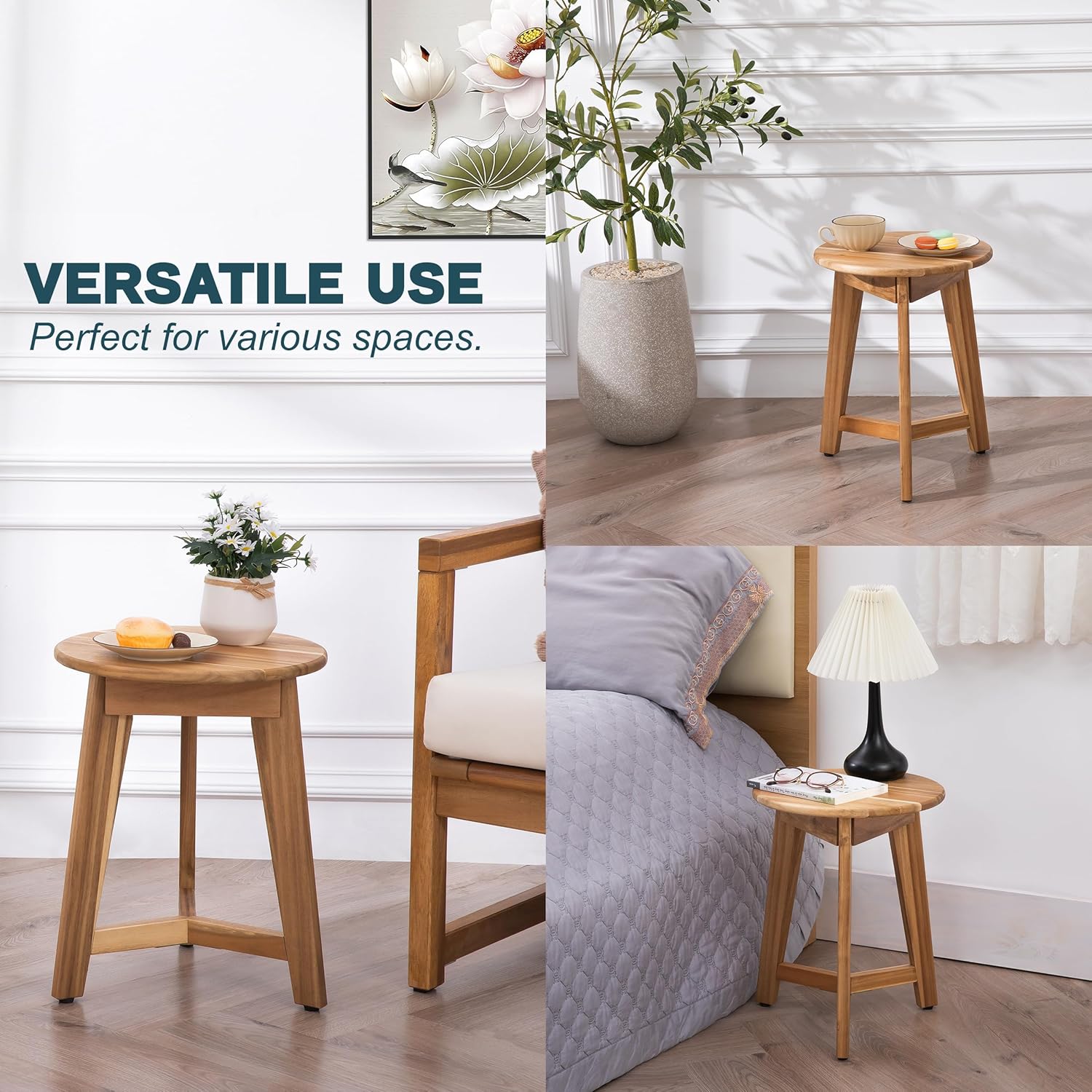 Round Side Table – Acacia Wood End Table for Living Room or Bedroom – Light Natural Wood Finish, Compact Nightstand or Accent Table for Sofas & Beds (13x16 x13 Inches) - Image 8