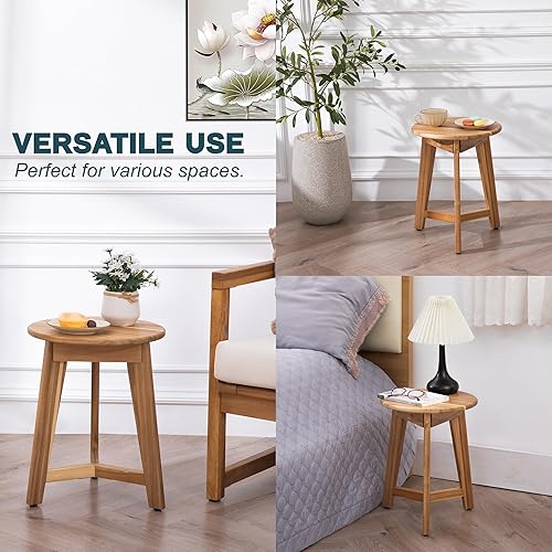 Miniatura 8 de Mesa auxiliar redonda  Mesa auxiliar de madera de acacia para sala de estar o dormitorio  Acabado de madera natural ligera, mesita de noche compacta