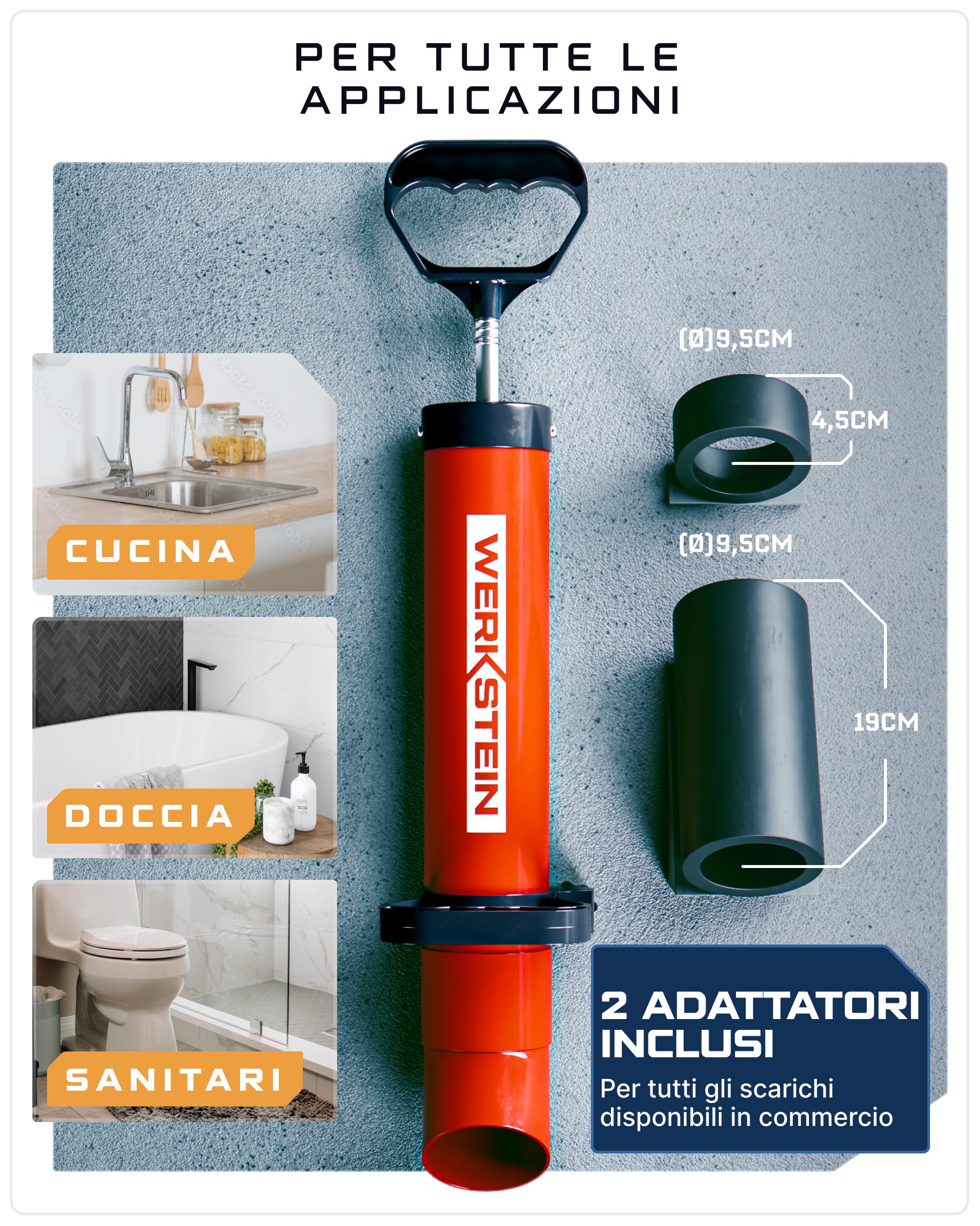 WERKSTEIN Sturascarici ad alta pressione I Stura lavandini e scarichi professionale I Pompa sturalavandini e scarici di alta qualità I per una pulizia rapida ed efficace dei tubi I Incl. 2 adattatori