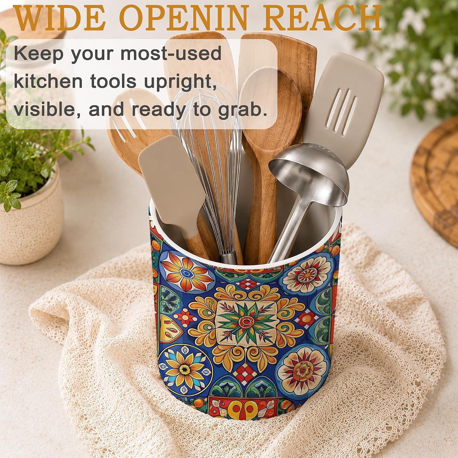 Kitchen Utensil Holder,Vintage Mexican Floral Tiles Large Ceramic Utensil Crock for Countertop,Cooking Utensil Organizer for Spatulas,Spoons