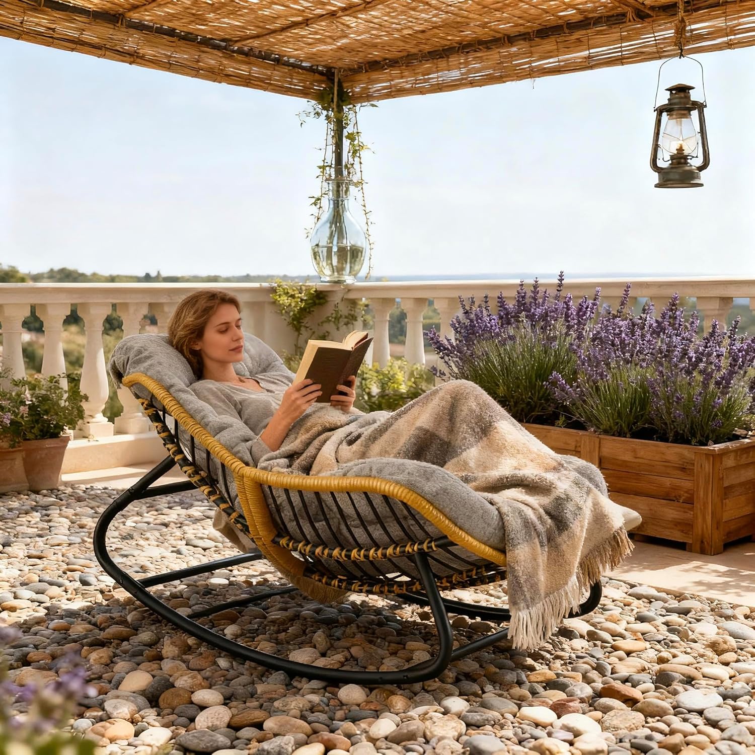 Oversized Papasan Rocking Chair with Extra Thick Cushion, Rattan Wicker Egg Chair for Indoor & Outdoor Use – Cozy Swivel Lounge Chair for Patio, Living Room, Bedroom, or Porch, Grey