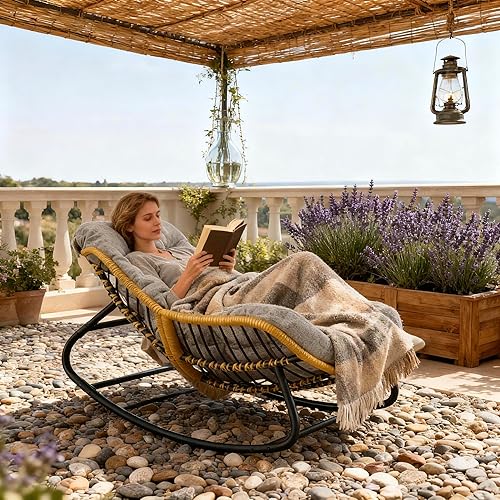 Virplik Oversized Papasan Rocking Chair with Extra Thick Cushion, Rattan Wicker Egg Chair for Indoor & Outdoor Use – Cozy Swivel Lounge Chair for Patio, Living Room, Bedroom, or Porch, Grey