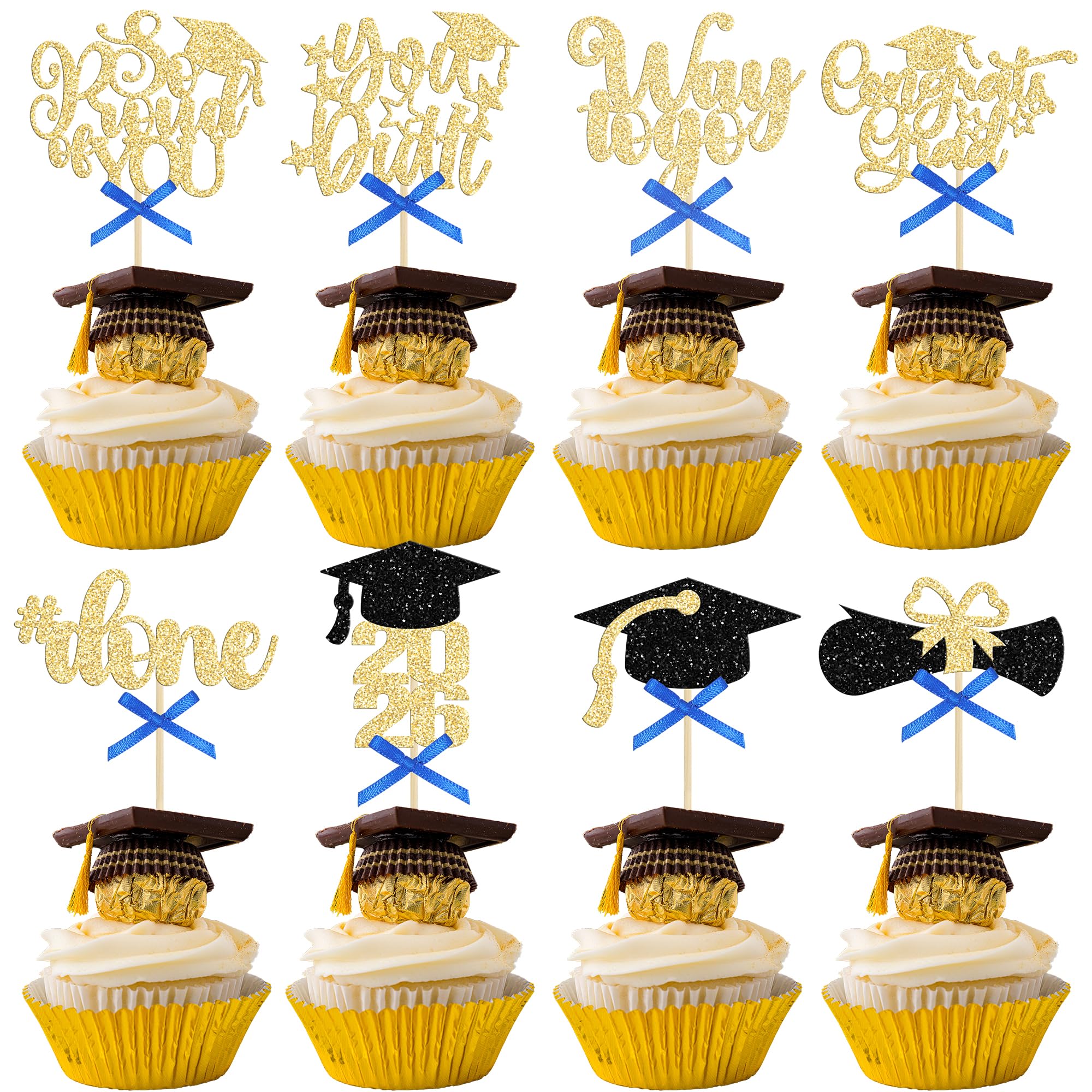 Gyufise 32Pcs 2026 Graduation Cupcake Toppers Glitter So Proud of You Done Diploma Grad Cap Cupcake Picks Class of 2026 Cake Decorations for 2026 Graduation Theme Party Decorations Supplies Gold