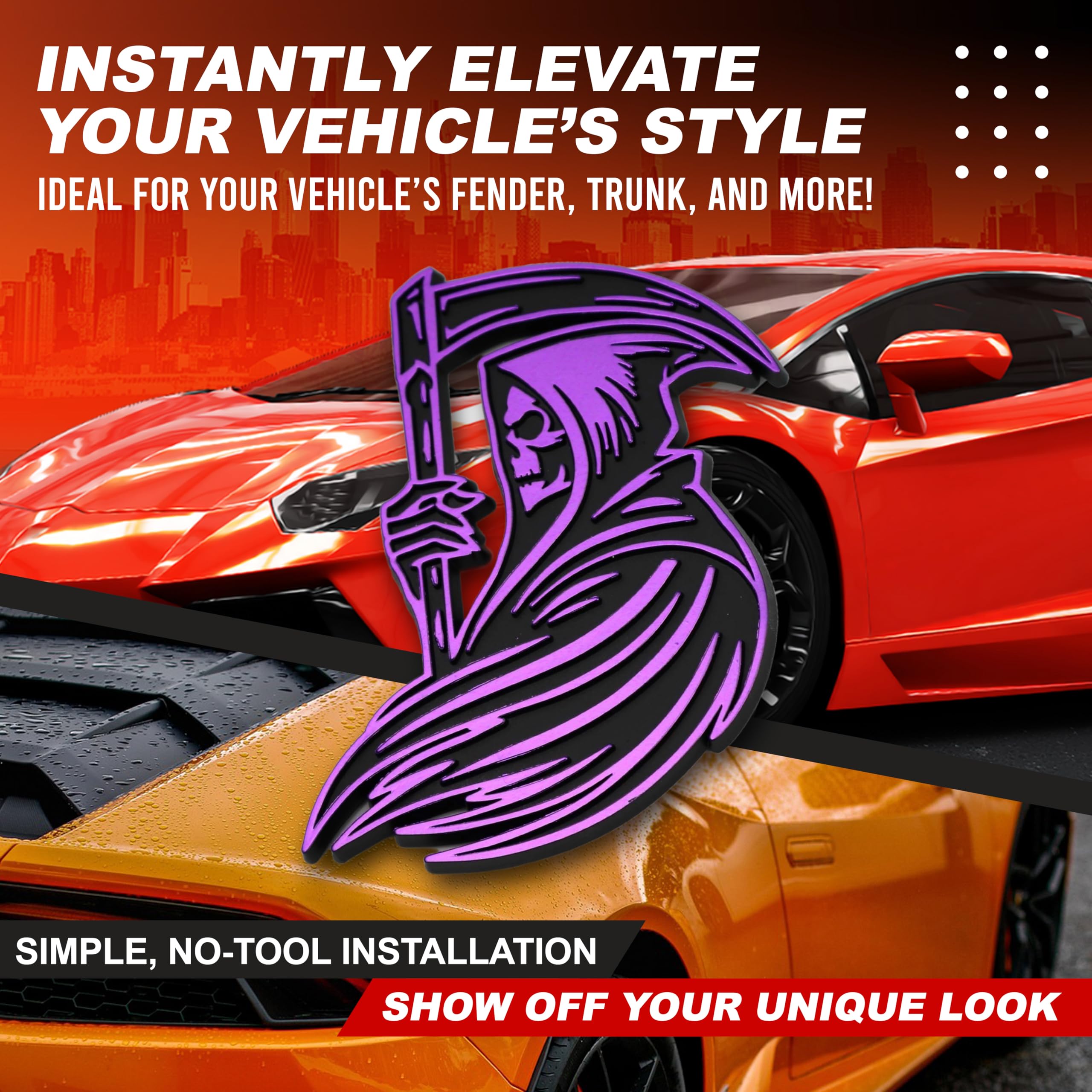 Emblema de la Parca, calcomanía 3D personalizada para automóvil, duradero, resistente a la intemperie, para el exterior del maletero, para coche, camión, SUV (juego de 2) (morado)