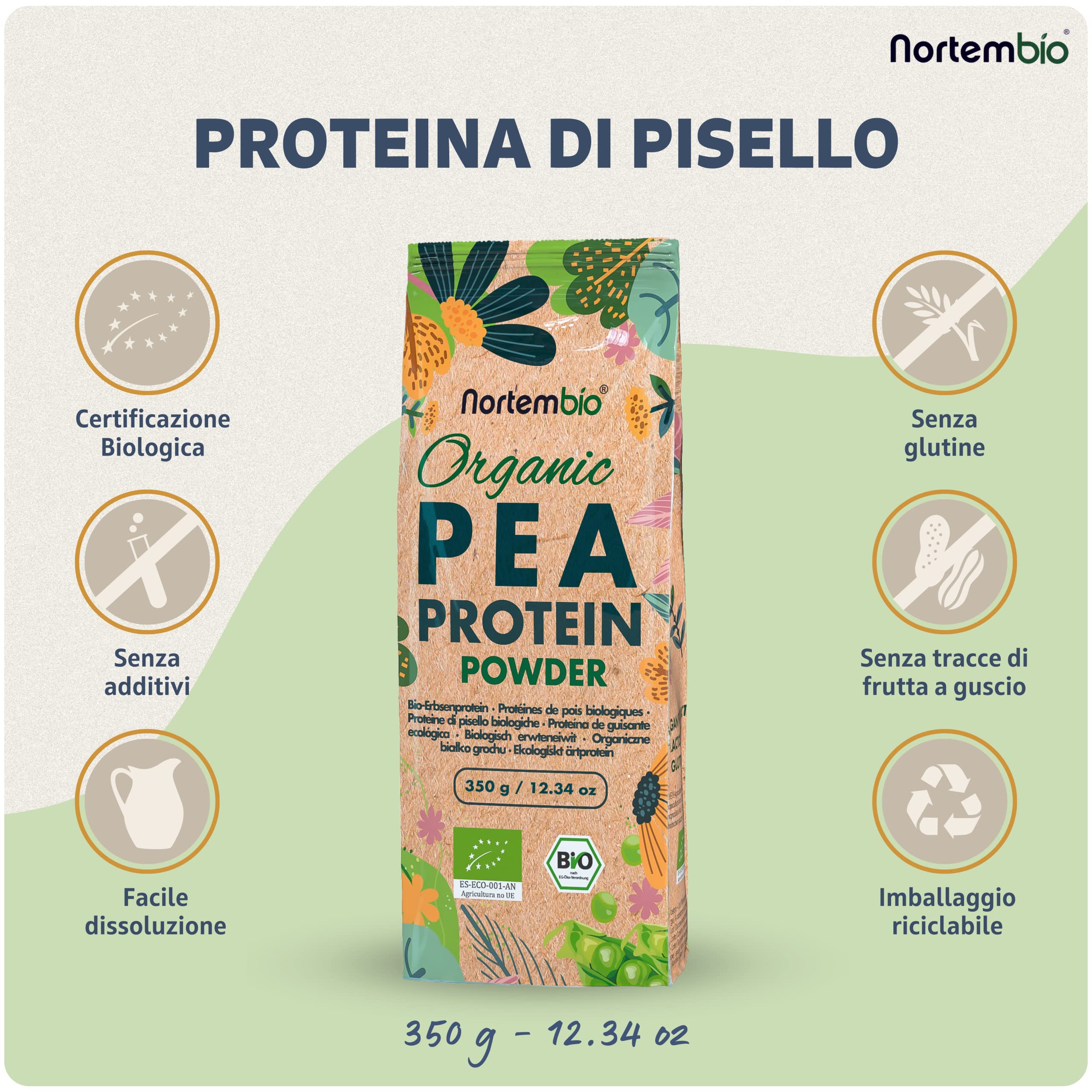 Nortembio Proteina di Piselli ISO 350 g Biologica. Senza Sapore. Origine 100% Naturale. Proteina Isolata per Vegani. Isolato Proteico di Piselli. In Polvere. Senza Zuccheri, OGM, Glutine.