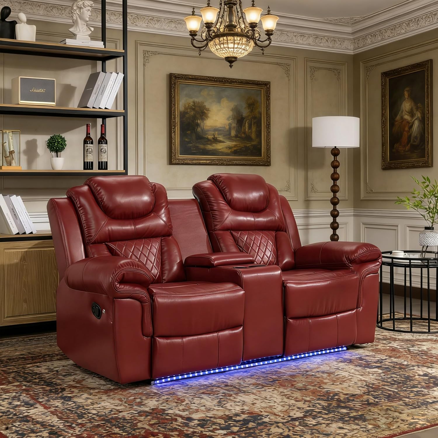 ERYE 73-Inch Oversized Manual Reclining Sofa with LED Strip and Cupholders for Living Room Home Theater, Multifunctional Faux Leather Loveseat Manual Recliner Couches | Storage Console, Cup Holder, LED Light Strips