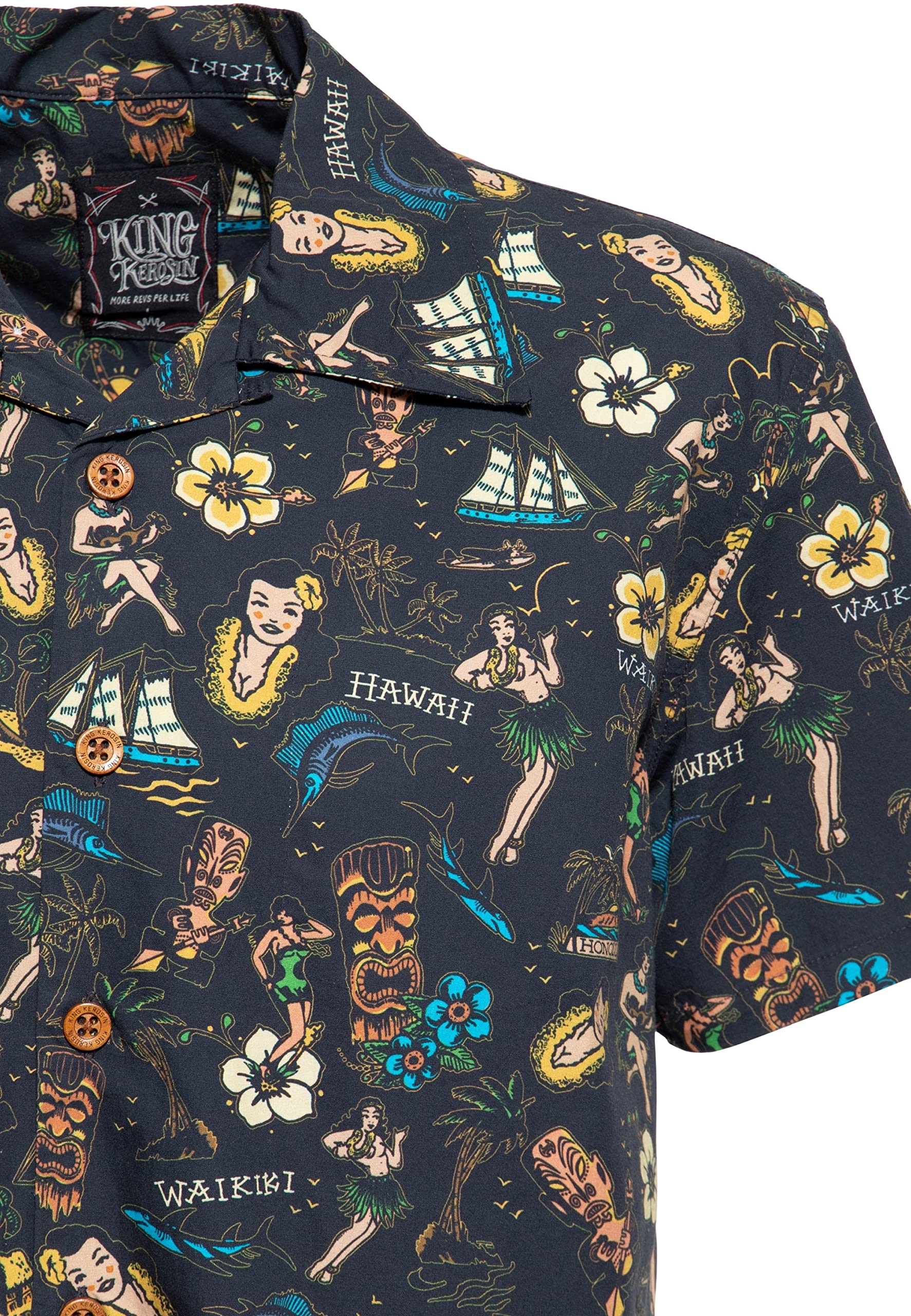 King Kerosin Herren Hemd Alloverprint Printhemd Hawaiian Shirt Kurzarm Hawaiihemd Kurzarm-Hemd Tropical