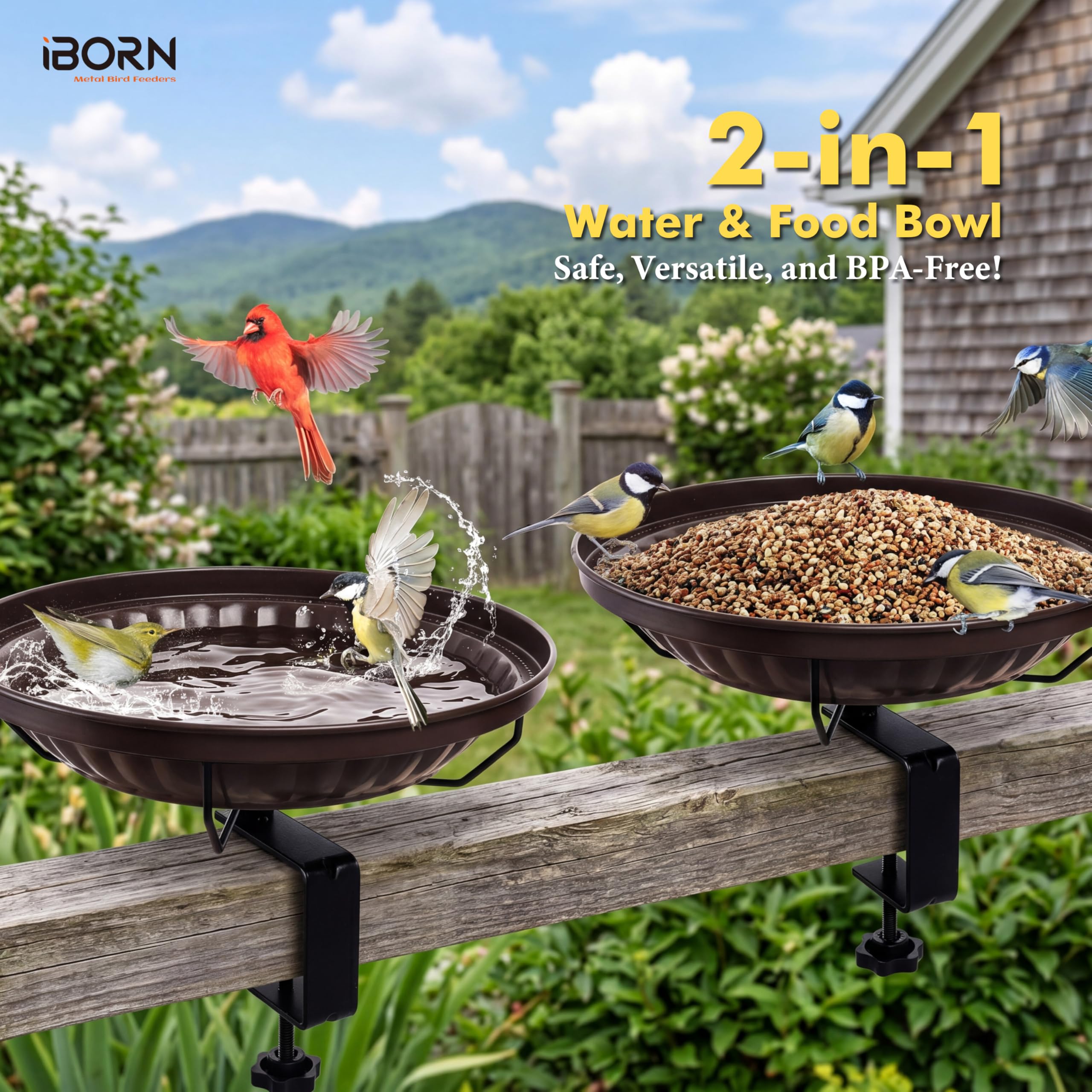 iBorn Metall-Vogelbad, 28 cm für Geländermontage, 8 cm Klemme, vollmetallische rostfreie Schale, eichhörnchensicher, komplett abnehmbar, leicht zu reinigen & befüllen, Bronze, 1 Pack