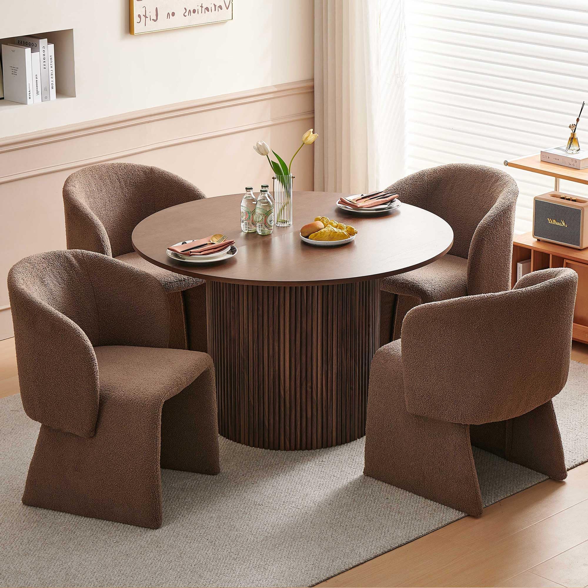 Circle Kitchen Table with Brown Upholstered Barrel Chairs