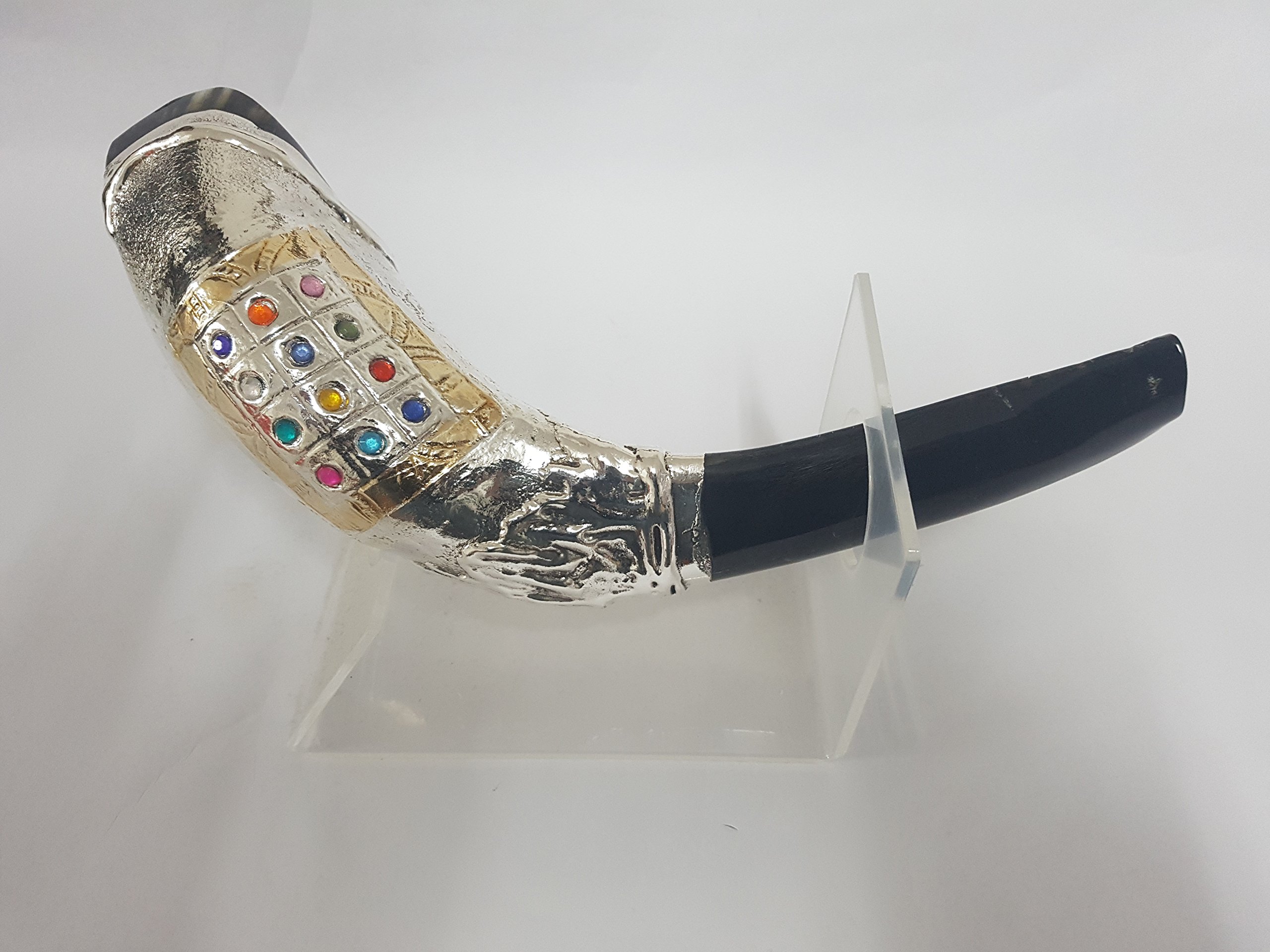 Silver Plated Ram's Ram Horn Shofar with 12 Hoshen Stones - 12-14" (Outer Curve) - Includes Perspex Stand - Beautiful Sound for Blowing