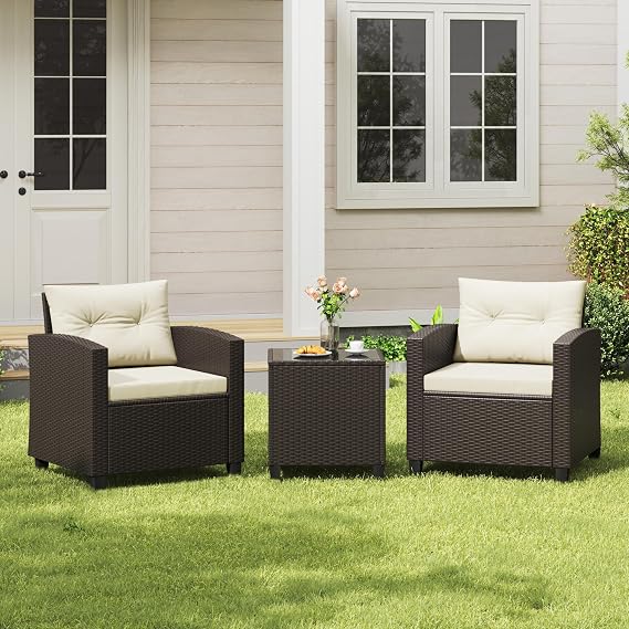 Yaheetech 3-Pieces Wicker Patio Bistro Sofa Set, Outdoor Rattan Coffee Table & 2 Chairs with Cushions & Pillows for Deck, Balcony, Porch, Brown & Beige