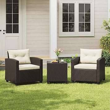 Yaheetech 3-Pieces Wicker Patio Bistro Sofa Set, Outdoor Rattan Coffee Table & 2 Chairs with Cushions & Pillows for Deck, Balcony, Porch, Brown & Beige
