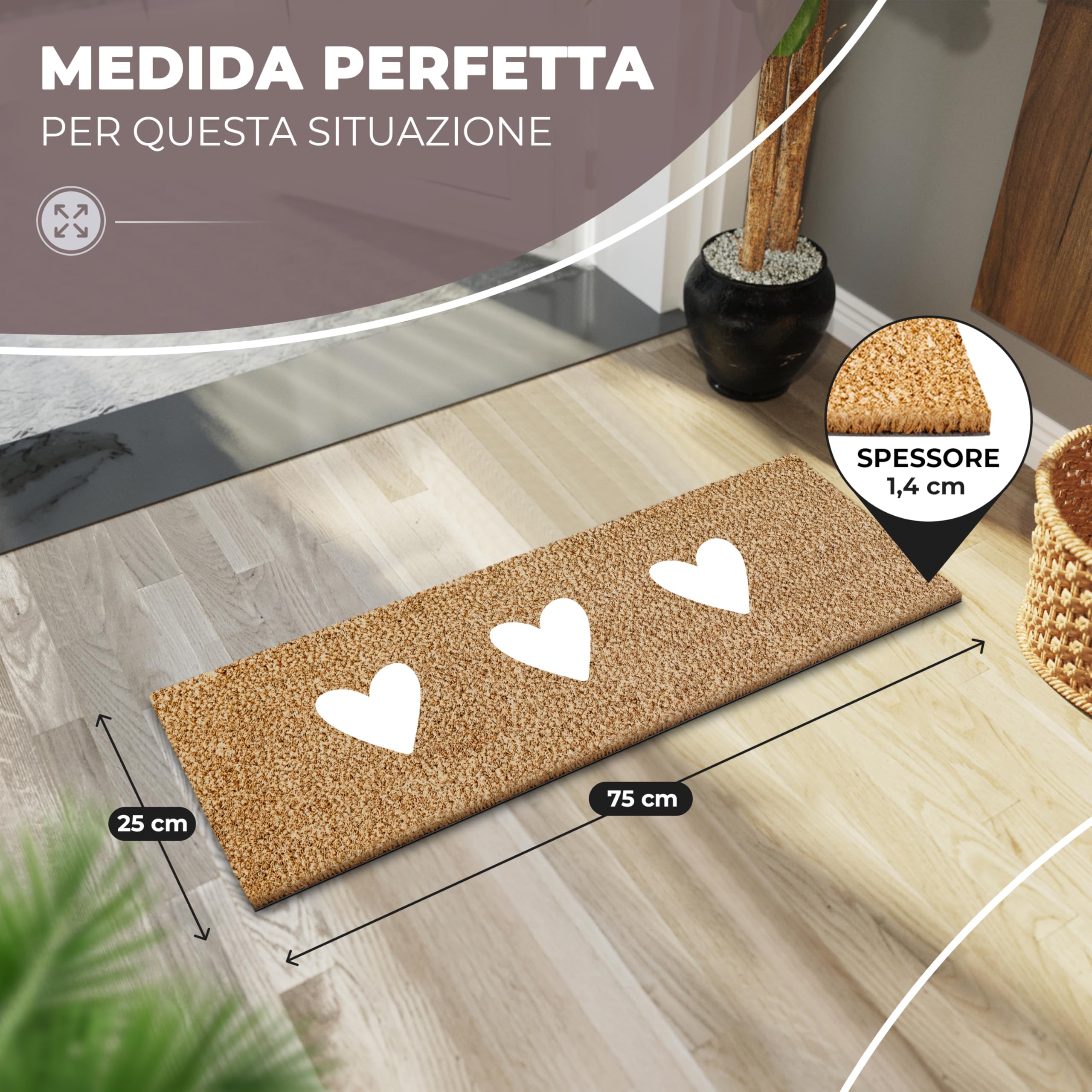 ElbFuchs® Zerbino in Cocco 75x25 cm | Cuori Bianchi | Extra Resistente e Antiscivolo | Zerbino Esterno e Interno Ingresso | Tappeto Spazzola in Cocco per Ingresso Esterno Stretto